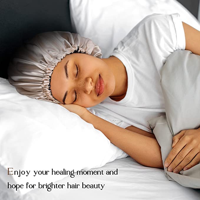 Extra Large Reversible Satin Bonnet for Women with Soft Scrunchies - Silk Sleeping Cap for Curly & Natural Hair Protection (Cream) | Perfect for Nighttime Hair Care & Travel