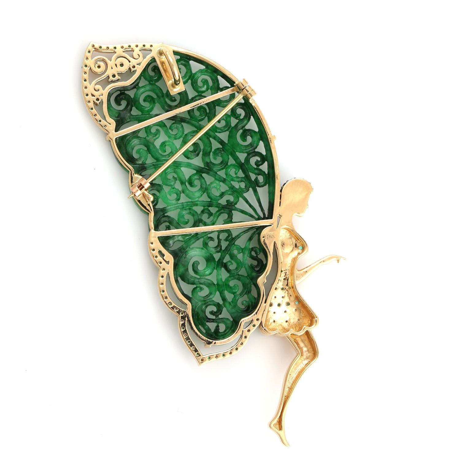 Exquisite 14K Gold Angel Brooch with Carved Jade, Emerald & Diamond Accents – Perfect for Weddings, Anniversaries & Special Occasions