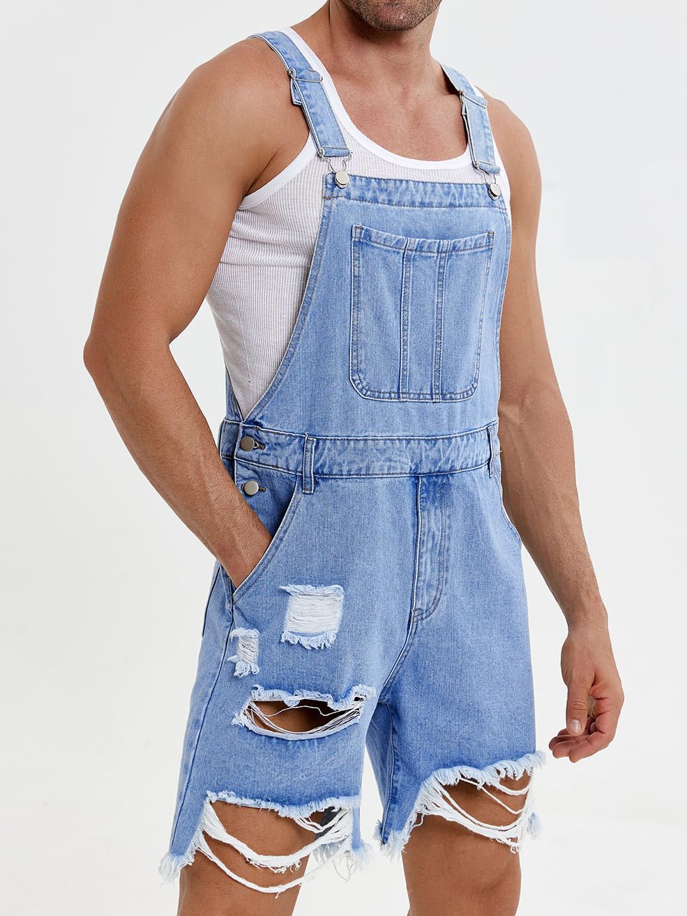 Runcati Men's Denim Shorts Bib Overalls - Loose Fit Jean Romper with Button Pockets | Casual Summer Jumpsuit for Outdoor Activities, Beach & Streetwear