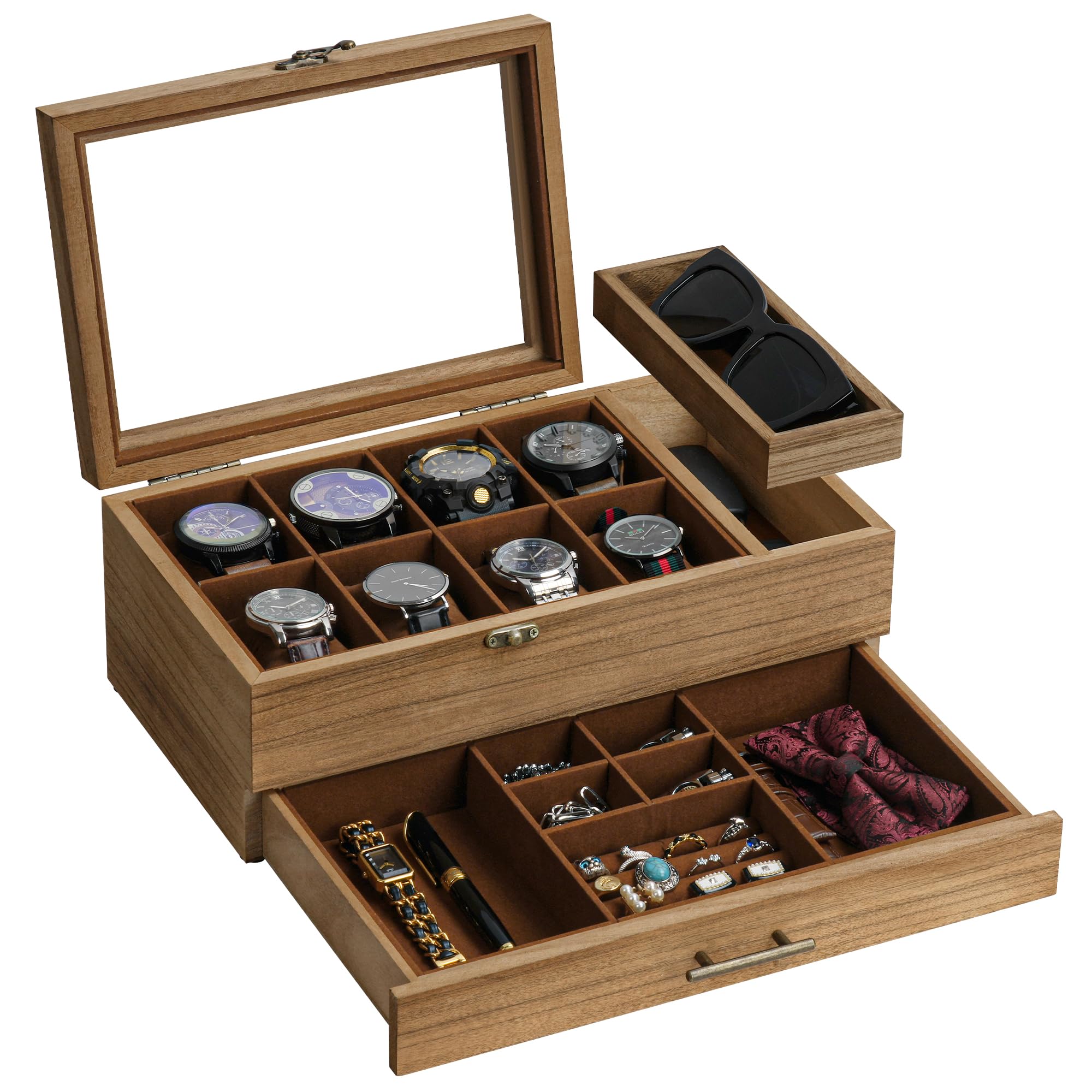 Premium 2-Tier Watch Box with Tray - 8-Slot Wooden Watch Display Case with Removable Pillows & Drawer - Luxury Watch Organizer for Large Dial Watches - Perfect Jewelry Storage Box for Men & Women - Ideal for Travel, Gift Giving & Watch Collection Display (Walnut)