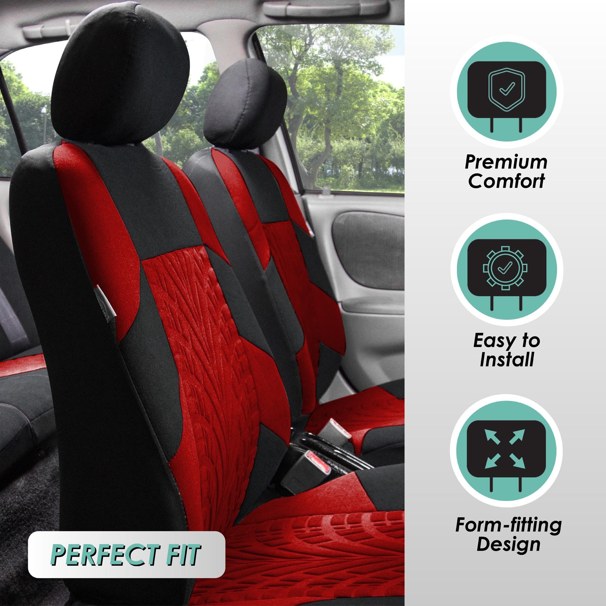FH Group Universal 3-Row Car Seat Covers Set - Red, Airbag Compatible & Split Rear Design for Cars, Trucks & SUVs | Durable Interior Accessories for Travel, Commuting & Family Road Trips