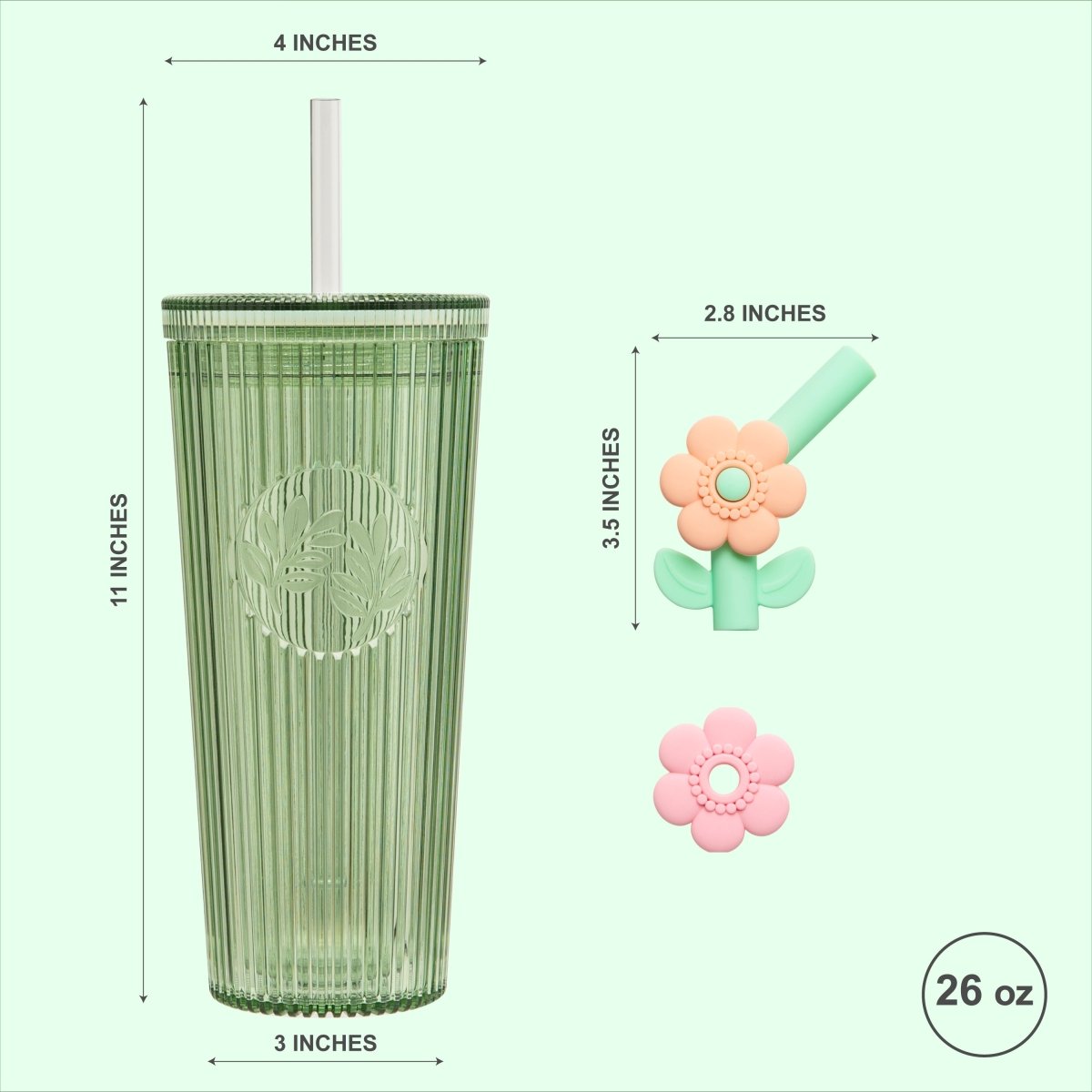 26oz Insulated Tumbler with Straw & Leak-Proof Lid - Cute Floral Silicone Straw Tips in Botanica Green - Perfect for Iced Coffee, Smoothies & Outdoor Activities