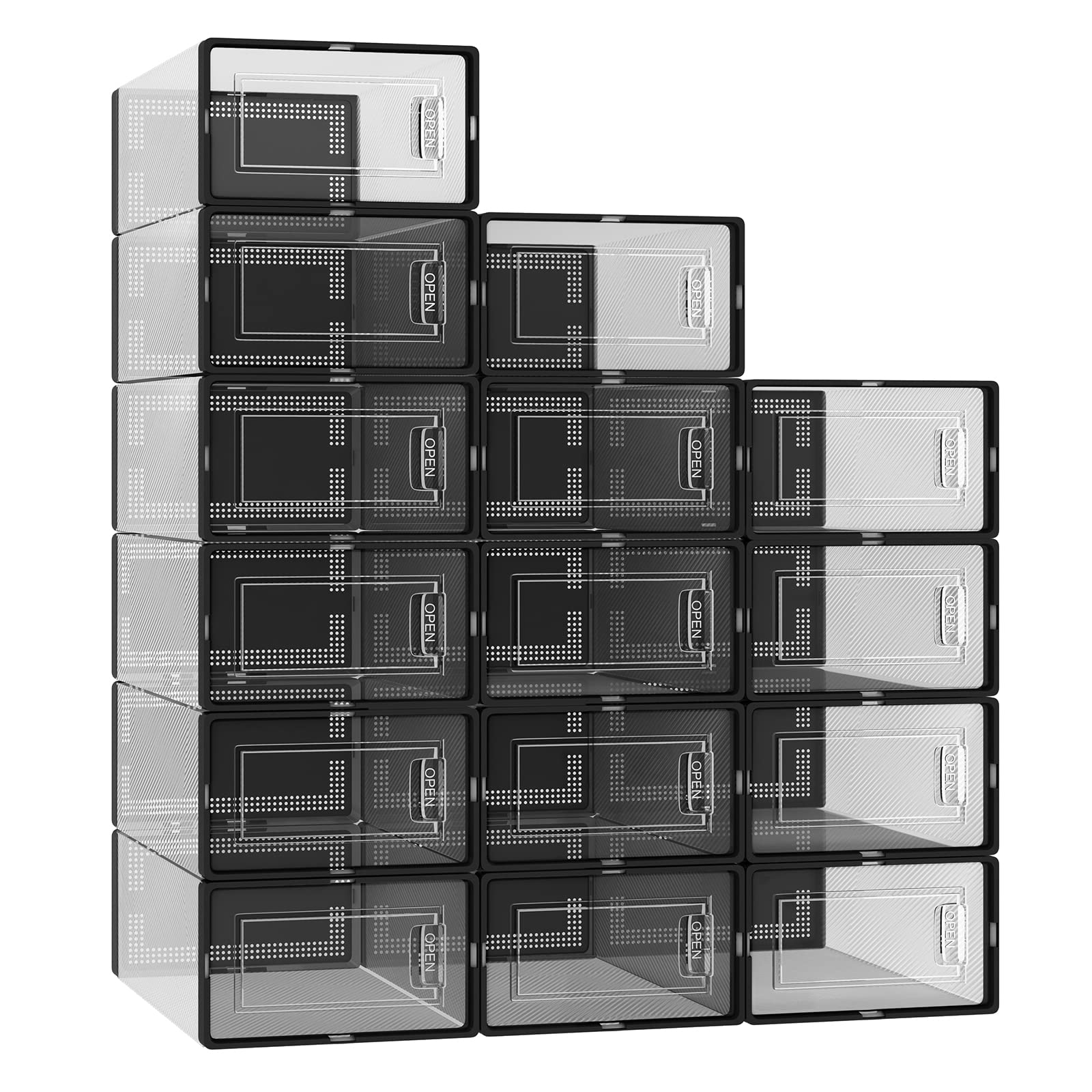 Fixwal 15-Pack Clear Stackable Shoe Storage Boxes with Lids - 13.1