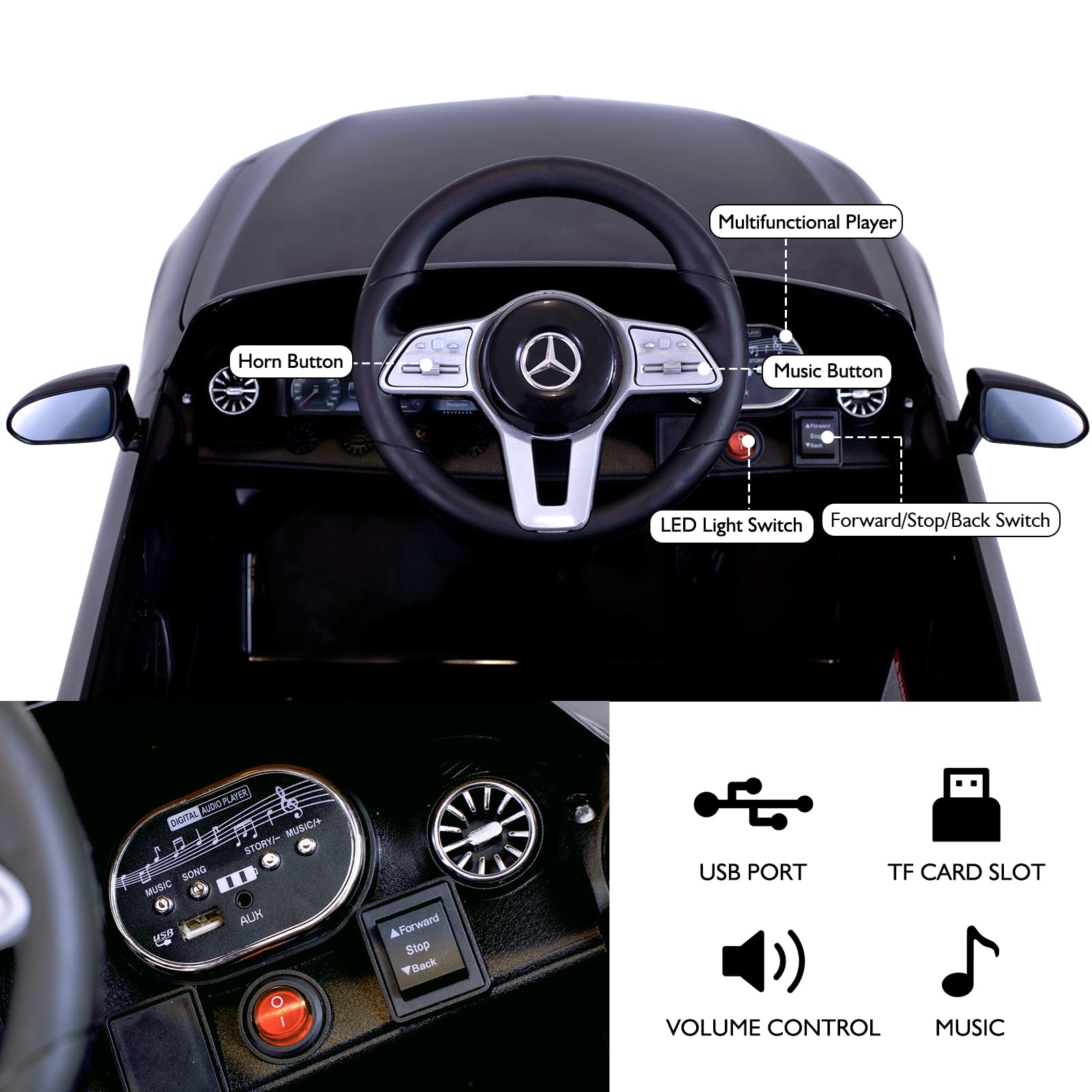 12V Mercedes Benz Licensed Kids Electric Ride On Car with Parent Remote Control - Adjustable Speed, Safety Belt, Music & LED Lights - Battery Powered Toy Vehicle for Boys & Girls (Black) | Perfect for Birthday Gifts, Outdoor Play & Backyard Fun