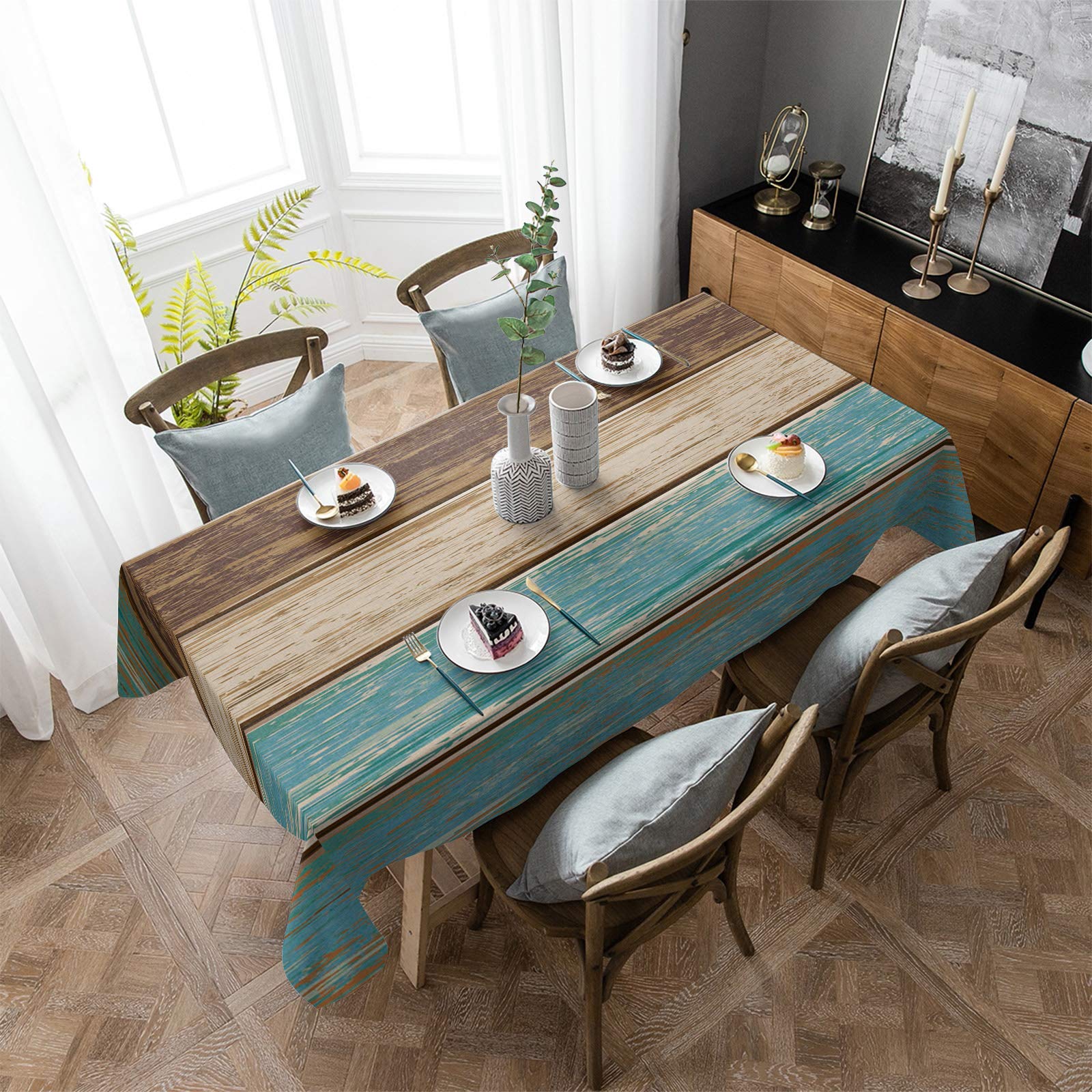 Waterproof Oil-Resistant Teal Turquoise Tablecloth - Retro Wood Green & Brown Rectangle Table Cover (52x70 Inch) for Kitchen, Dining, Outdoor Party, Holidays & Everyday Use