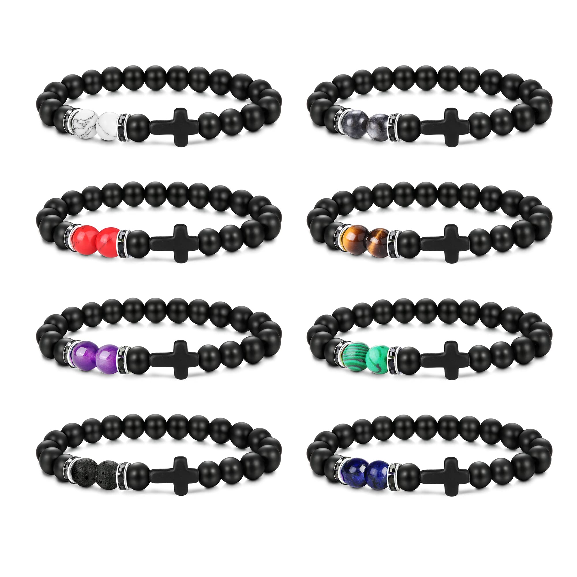 SAILIMUE 8 Pcs Stretch Beaded Bracelets Set - 8mm Tiger Eye & Lava Rock Stone Cross Bracelets for Women & Men | Yoga, Meditation, Fashion Jewelry Gift