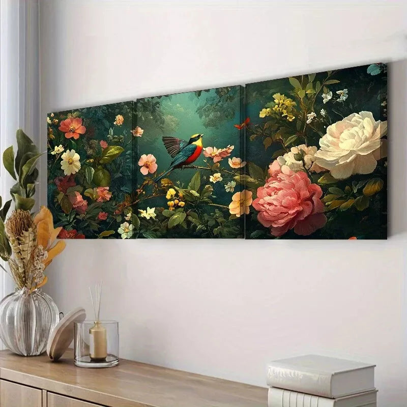 3-Piece Coralline Floral Nature Birds Wall Art Set - Framed Canvas 40x60cm (16x24 inches) - High Quality Print - 100% Australian Made - Ready to Hang - Perfect for Living Room, Bedroom & Office Decor