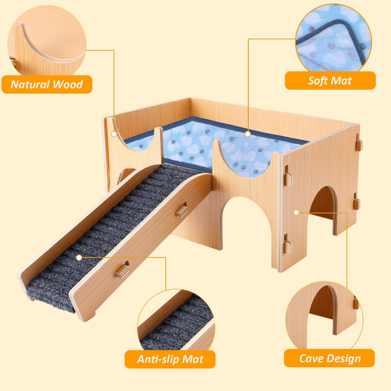 Wooden Guinea Pig Hideout Castle with Stairs - Cozy Small Animal Bed for Hamsters, Chinchillas, Ferrets & Rabbits - Perfect for Cage Habitats & Play Areas