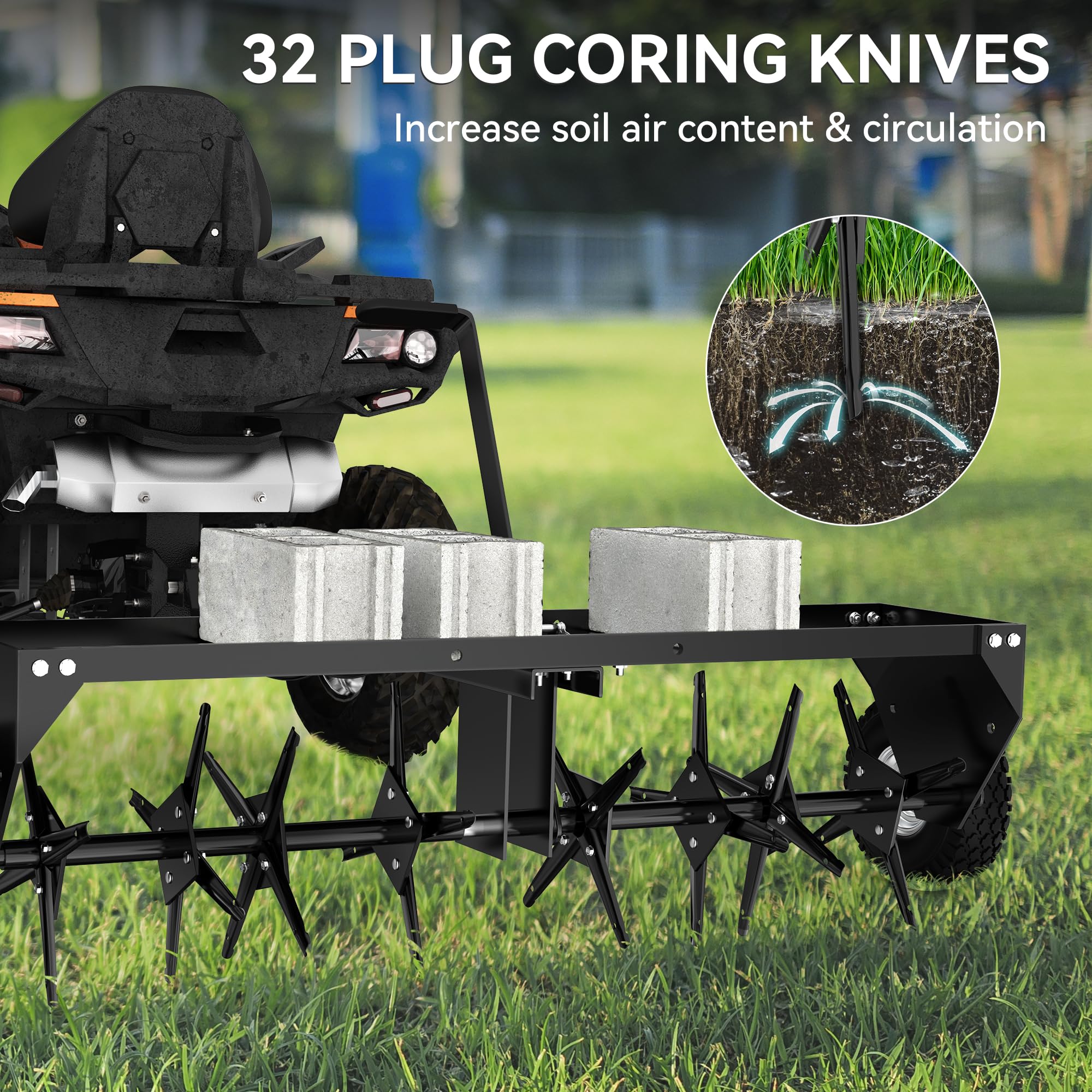 YINTATECH 48 Inch Heavy Duty Lawn Aerator with Universal Hitch - Tow Behind Plug Aerator for Healthier Grass - Perfect for Lawn Care, Golf Courses & Sports Fields