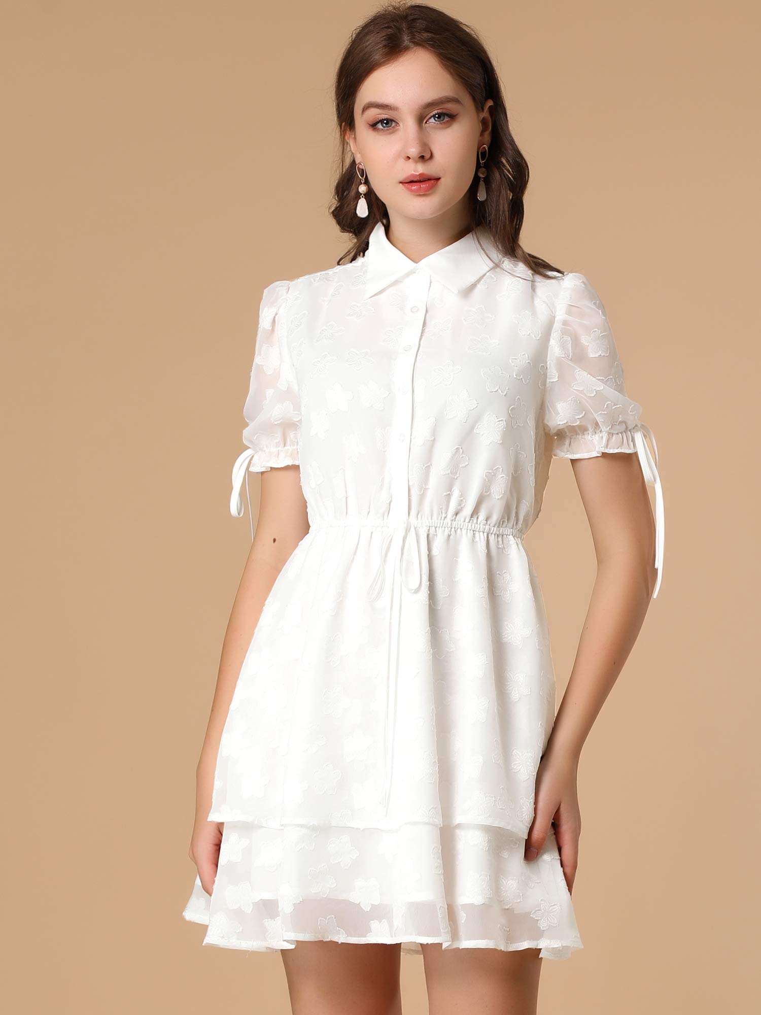 Allegra K Women's Floral Peter Pan Collar Chiffon Layered Dress with Drawstring - Elegant Summer Casual & Party Wear for Women