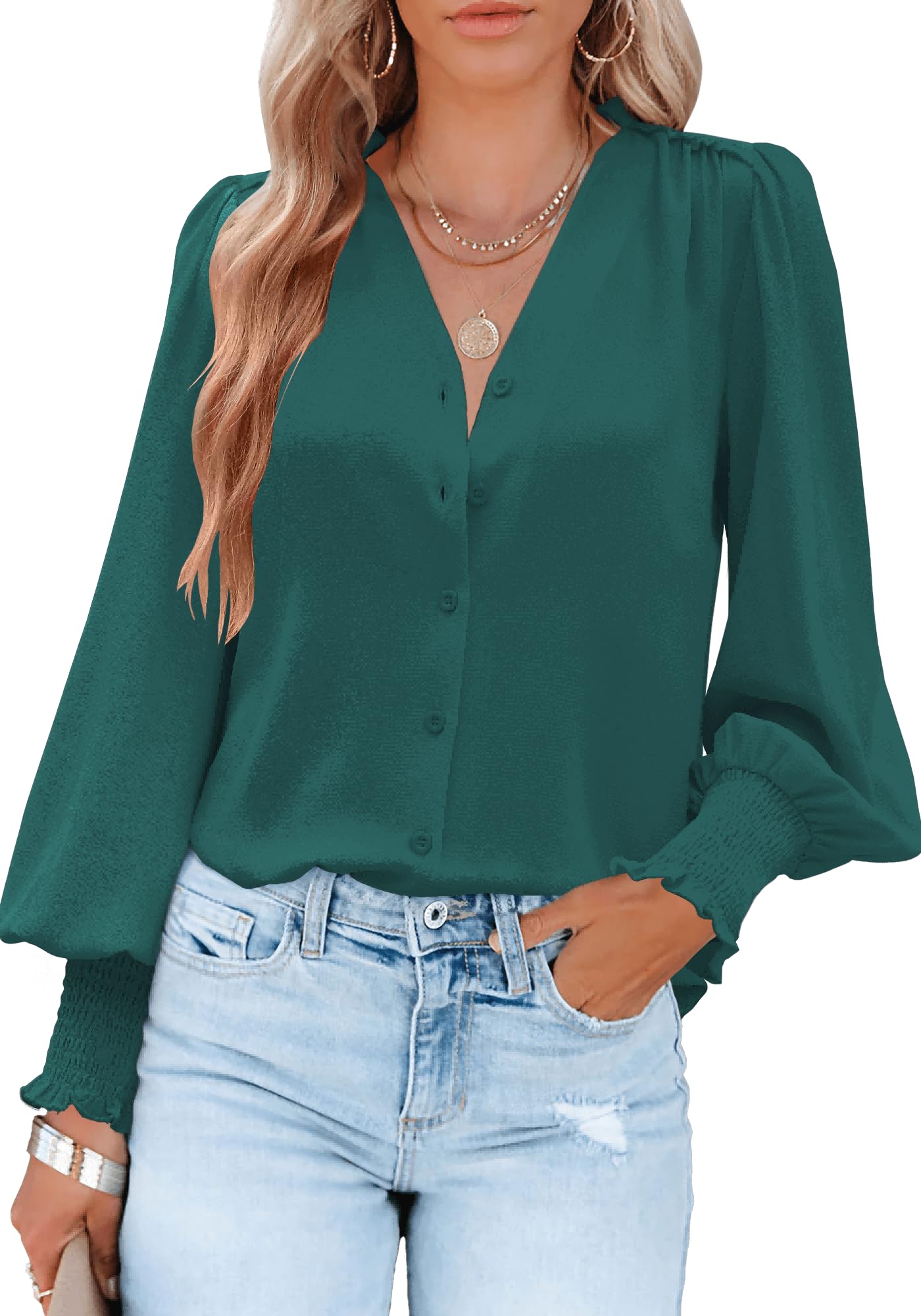 Aifer Women's V-Neck Lantern Sleeve Blouse - Elegant Long Sleeve Button Down Shirt for Casual & Office Wear | 2025 Fashion Tops for Work, Date Night & Special Occasions