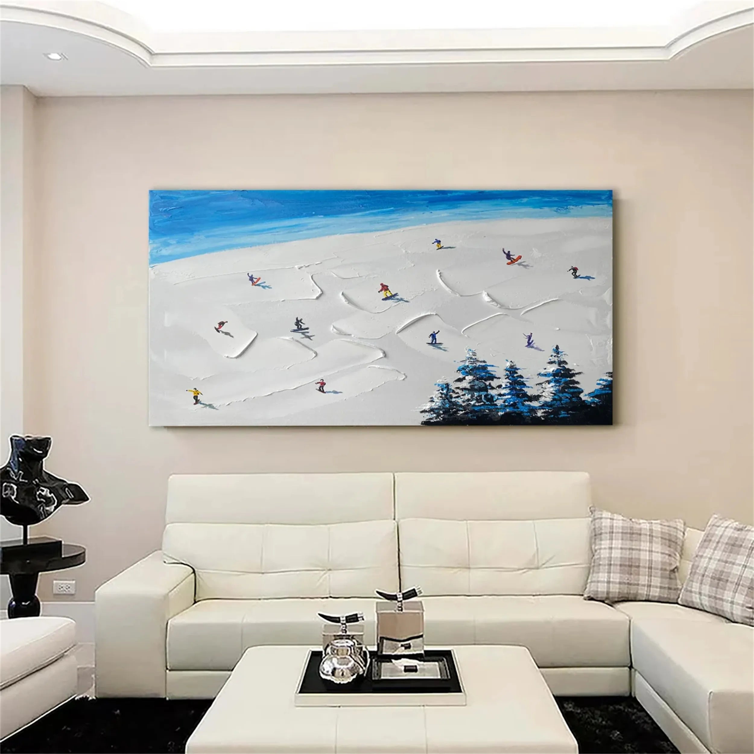 Premium Skiing Sport Art Textured Painting Canvas - Mountain Landscape Wall Decor #MM220 | Perfect for Ski Lodge, Cabin & Winter-Themed Home Decor