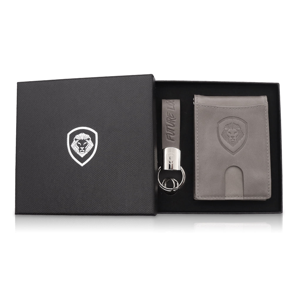 Valuetainment Gray RFID Blocking Wallet Keychain Set - Slim Minimalist Money Clip Card Holder for Men & Women - Perfect for Travel, Daily Use & Gift Giving