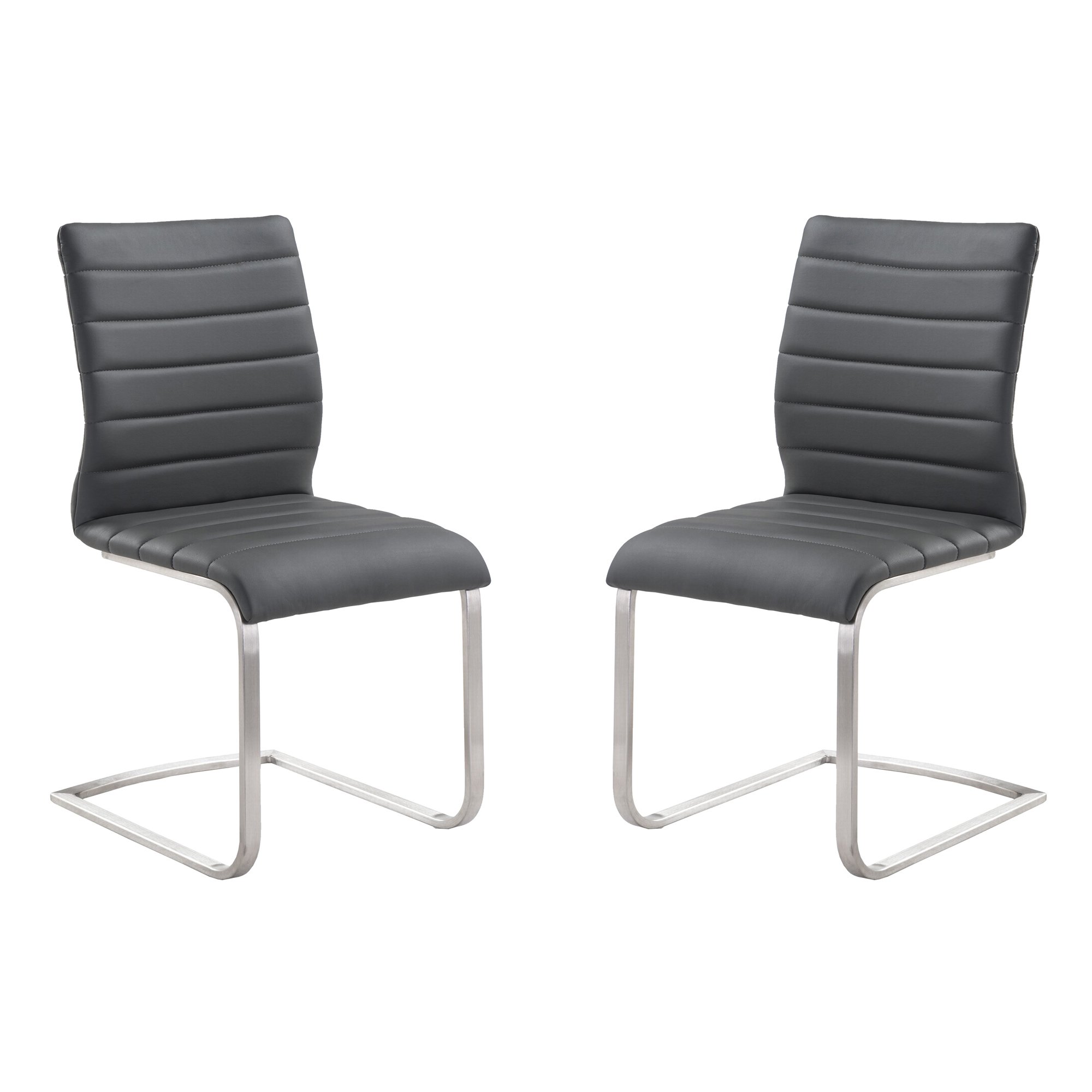 Armen Living Fusion Faux Leather and Stainless Steel Dining Chairs Set of 2 - Modern Dark Gray Kitchen Chairs for Dining Room, Restaurant & Home Decor
