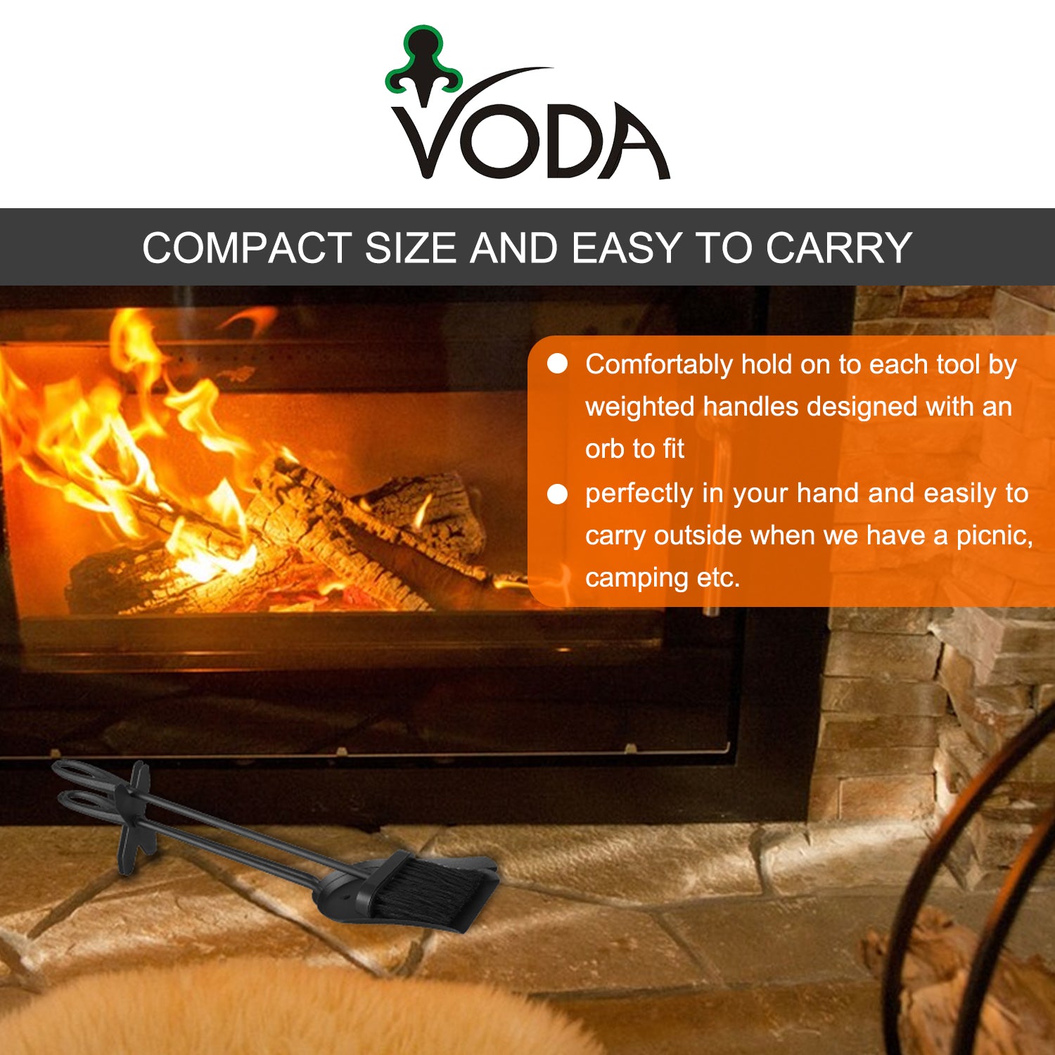 VODA™ Fireplace Tools Set VDTS400 - Heavy Duty Fireplace Poker, Brush, Shovel & Stand - Perfect for Indoor & Outdoor Fire Pits, Wood Stoves, and Fireplaces