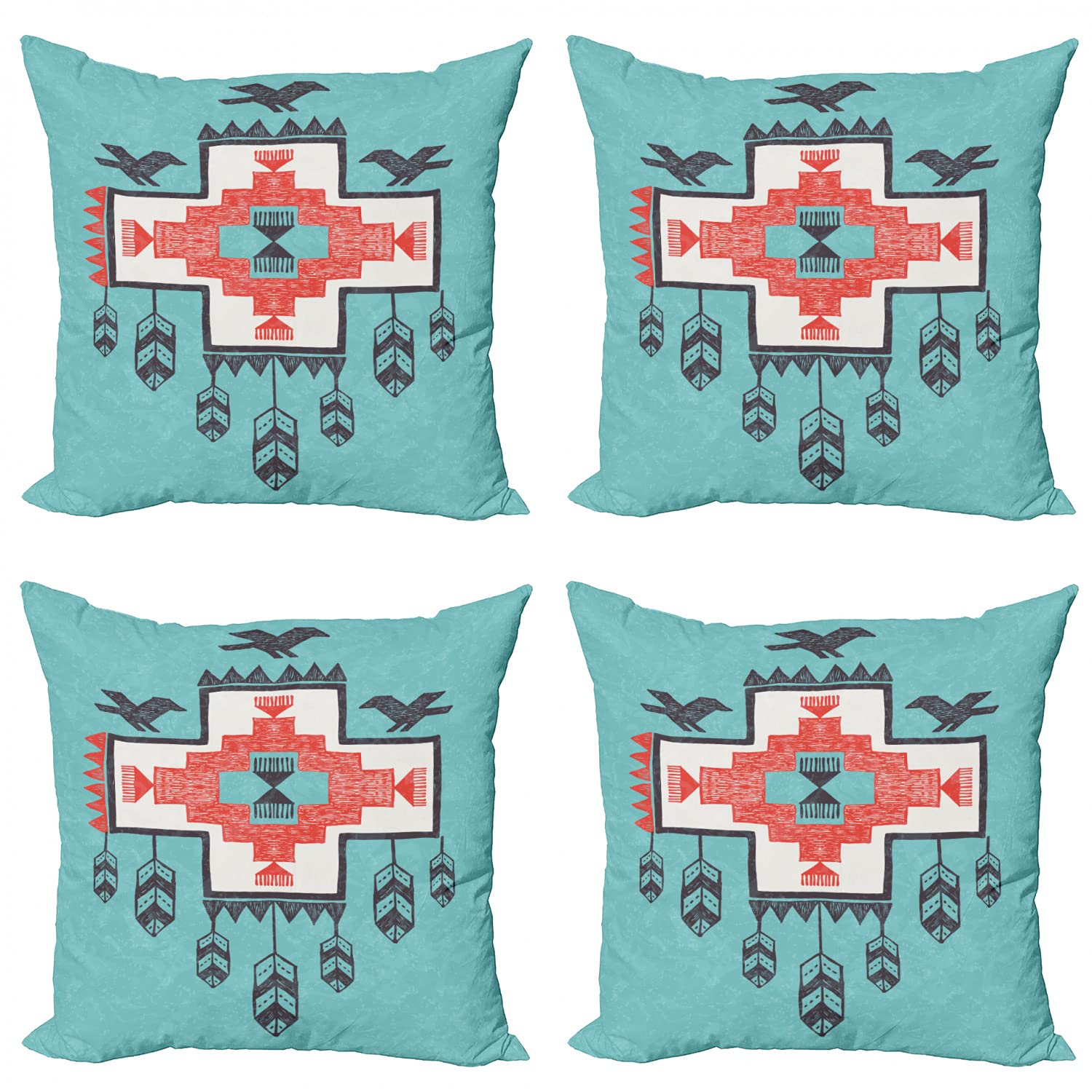 Ambesonne Tribal Decorative Throw Pillow Covers Set of 4, Bohemian Dreamcatcher with Folkloric Birds Design, 16 Inch Square Cushion Covers for Sofa, Bed, Living Room & Car - Multicolor Home Decor Accent for Boho Chic Interiors