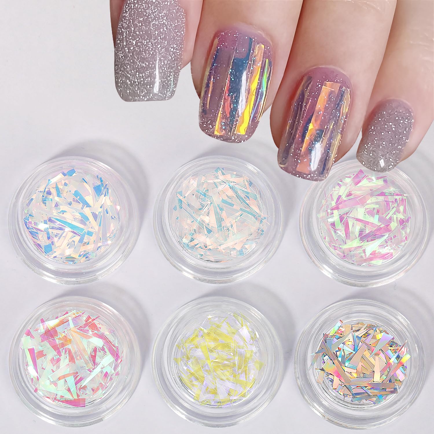 Holographic Nail Foil Stickers Set - 6 Boxes of Shiny Aurora Glass Paper Transfer Decals for Acrylic Nails & Manicure | DIY French Nail Art Supplies for Girls | Perfect for Home Salon, Parties & Gift Giving