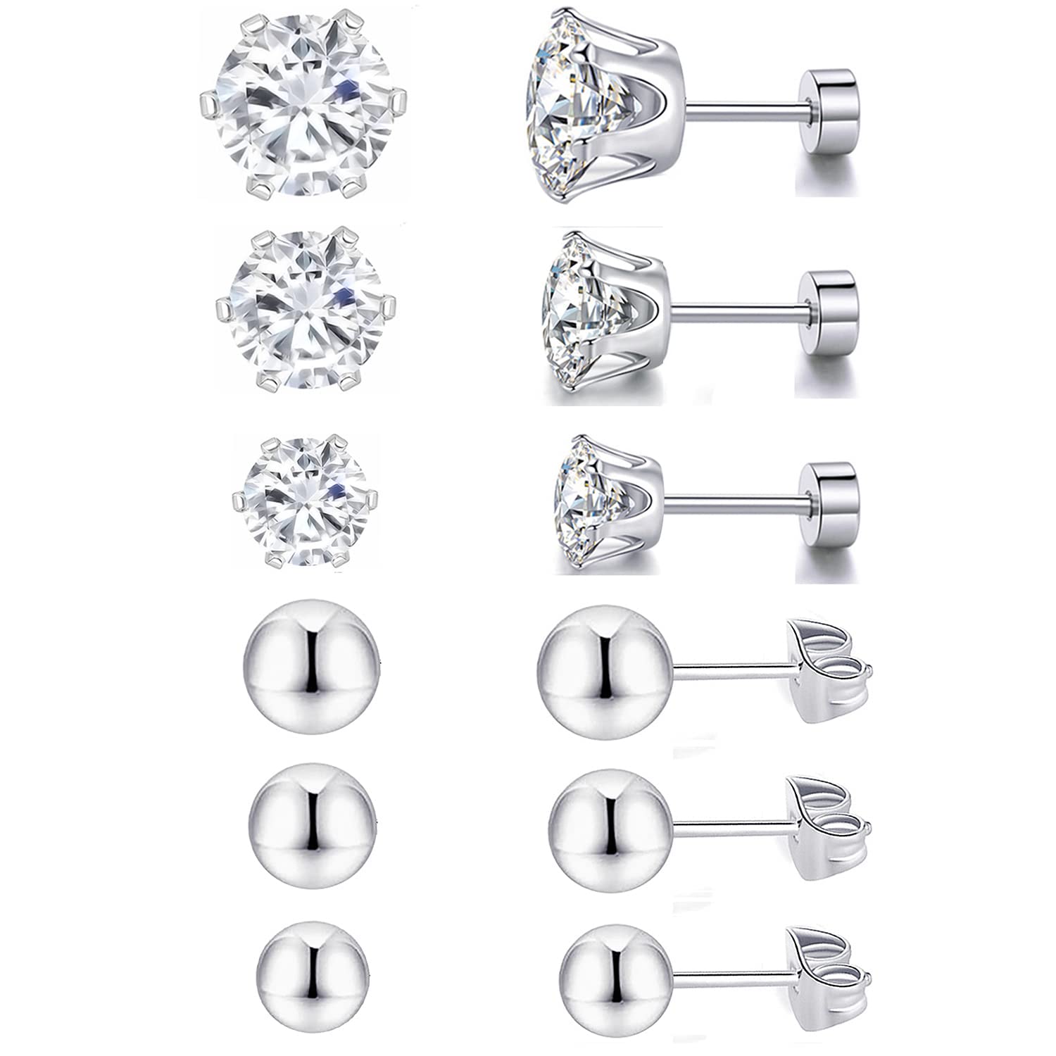 Hypoallergenic Surgical Stainless Steel Earrings for Women & Men - Flat Screw Back Helix Post, Cubic Zirconia Simulated Diamond Round Ball Stud Multipack | Perfect for Daily Wear, Work, Parties & Gifts
