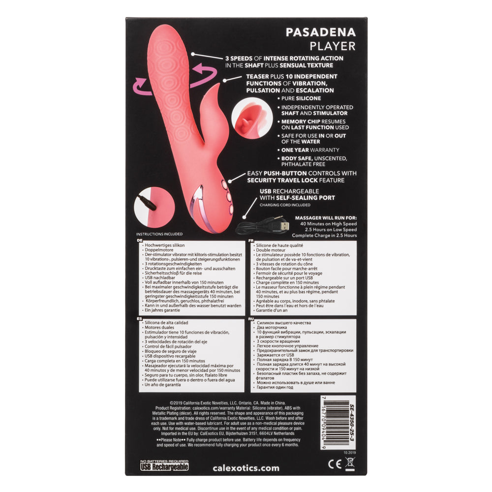 California Dreaming Pasadena Player Rotating Rabbit Vibrator - Dual Motor G-Spot & Clitoral Stimulator for Women - Perfect for Solo Play & Couples Intimacy