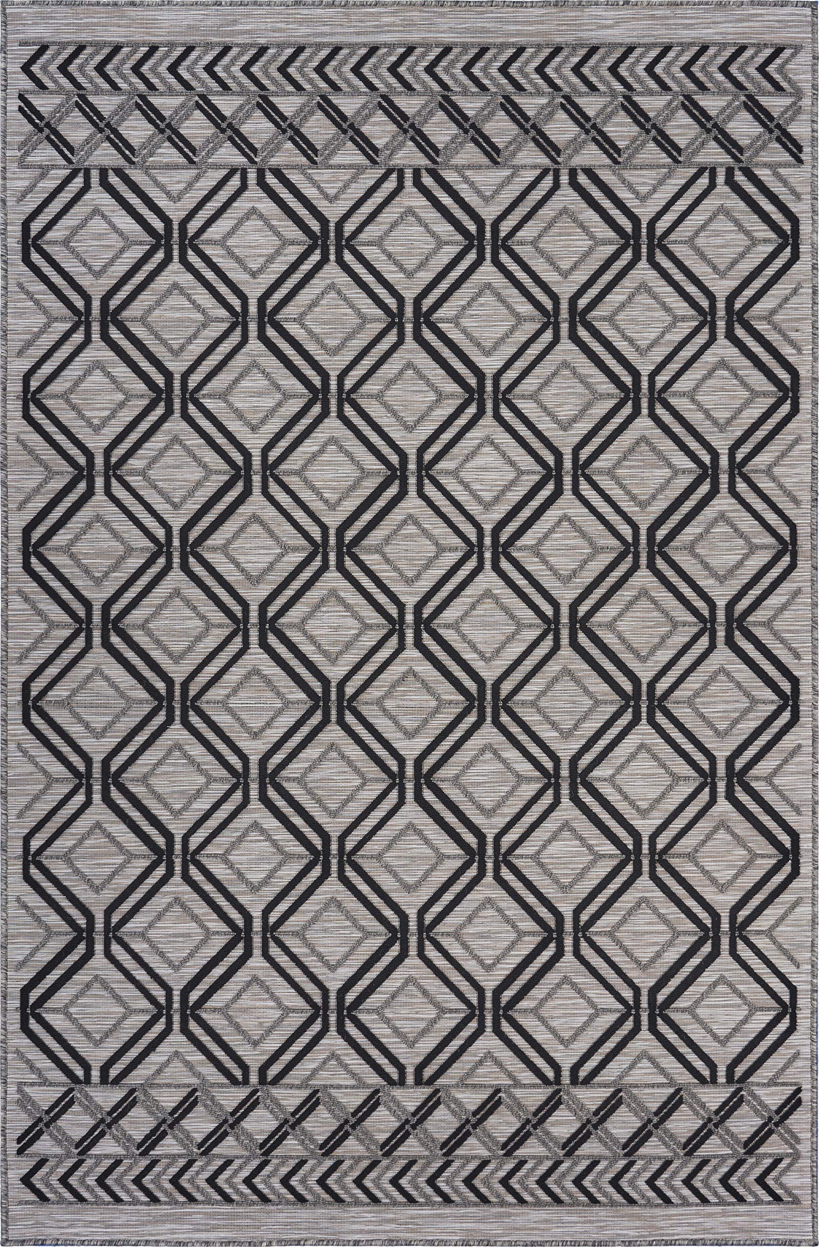LR Home Geometric Daze Indoor Outdoor Area Rug 5x7 Feet - Modern Black Cream Tan Abstract Pattern - Perfect for Living Room, Bedroom, Patio & Deck Decor