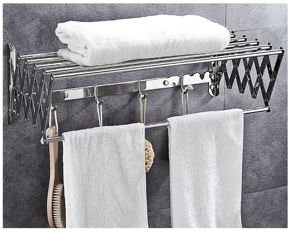 Stainless Steel Extendable Wall Mounted Clothes Drying Rack - 6 Rod Accordion Towel Airer with Hooks for Balcony, Bathroom & Laundry (60cm, Silver Chrome) - Space Saving Laundry Solution for Small Apartments & Homes