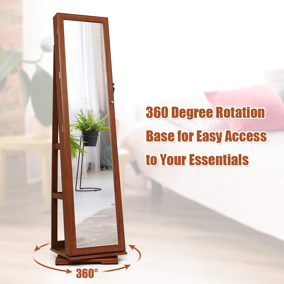 CHARMAID 360° Swivel Jewelry Armoire with Full-Length Mirror - Lockable Standing Jewelry Cabinet Organizer with Large Storage, Makeup Mirror & Back Shelves (Walnut) - Perfect for Bedroom, Closet & Dressing Room Organization