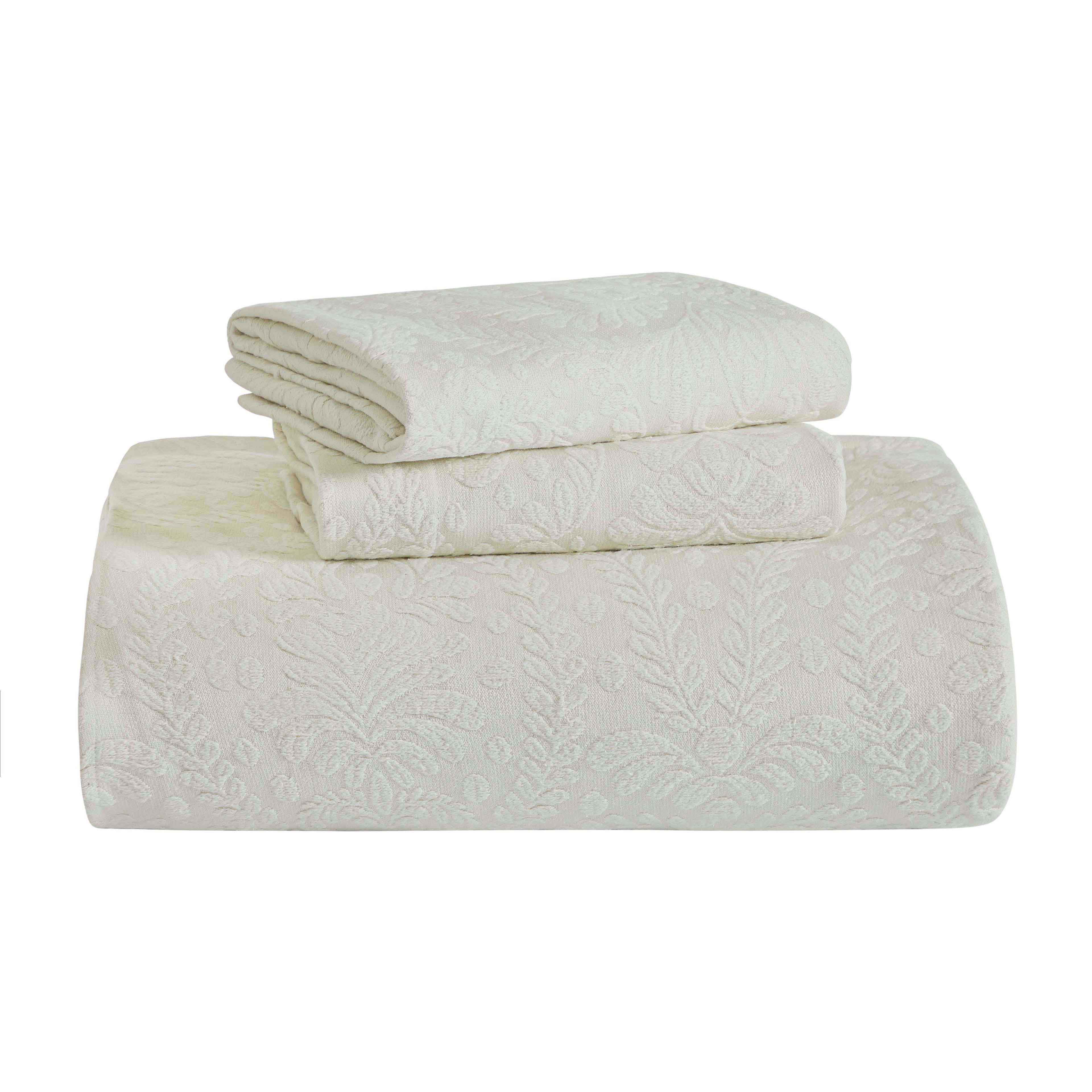 Premium Aspen Cotton Blend Jacquard Woven Floral Bedspread Set with Scalloped Edges - Queen Size Luxury Bedding for Master Bedroom & Guest Room Decor