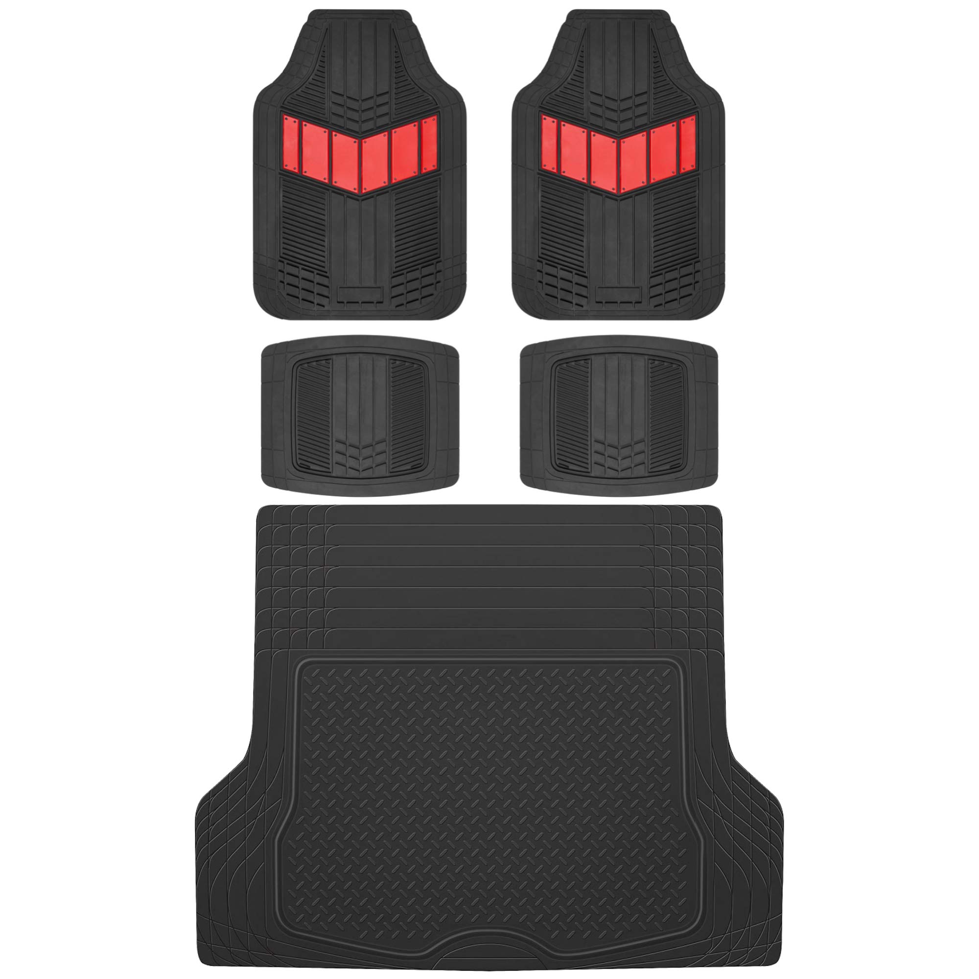 Motor Trend FlexTough Red All-Weather Car Floor Mats Full Set - Heavy Duty Rubber Floor Liners & Cargo Mat for SUV, Sedan, Van - Front & Rear Seat Protection + Trunk Liner | Perfect for Daily Commute, Road Trips & Extreme Weather Protection