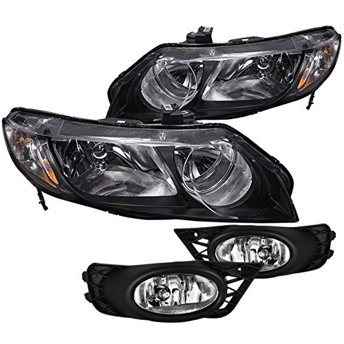 Spec-D Tuning Honda Civic 4Dr Diamond Black Headlights with Clear Bumper Fog Lights - Upgrade Your Ride for Night Driving & Street Racing Style