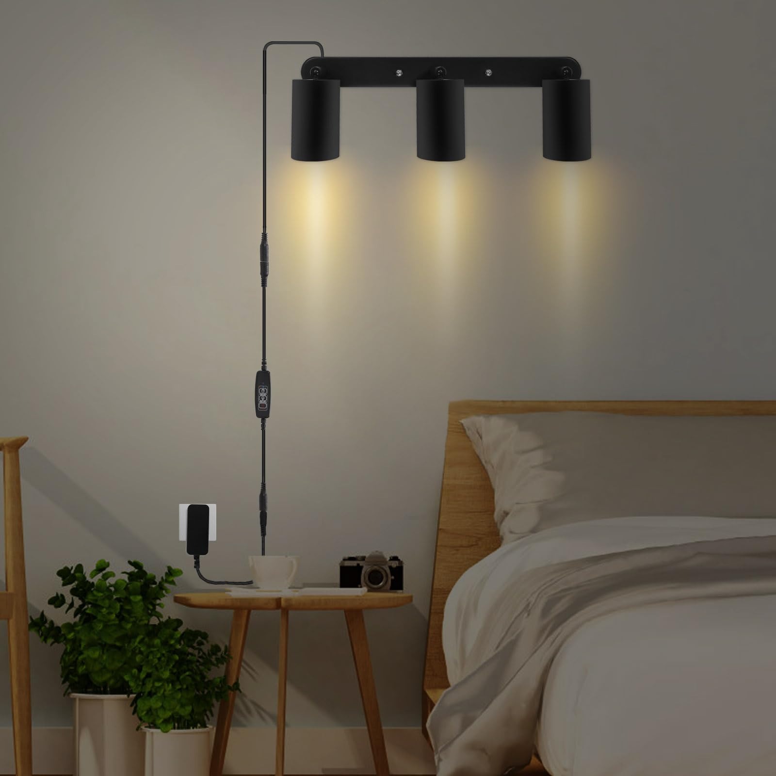 Plug-in Track Lighting Fixture with Power Cord - 15W 3000K Wall Spotlight with 3 Adjustable Heads for Kitchen, Cabinet, Gallery, Bar & Living Room - Flexible Rotatable Ceiling Lights (Black) - Perfect for Accent Lighting and Home Decor