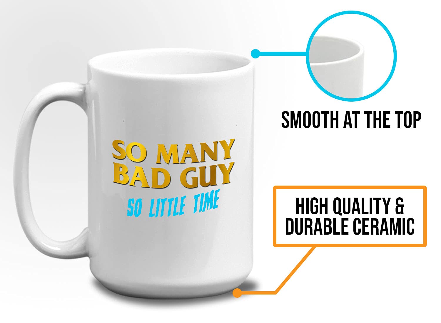 Bubble Hugs 15oz White Gaming Coffee Mug - Funny Video Game Quote 'So Many Bad Guys, So Little Time' - Perfect for MOBA, Multiplayer & Competitive Gamers - Ideal for Gaming Sessions, Office Use & Gamer Gifts