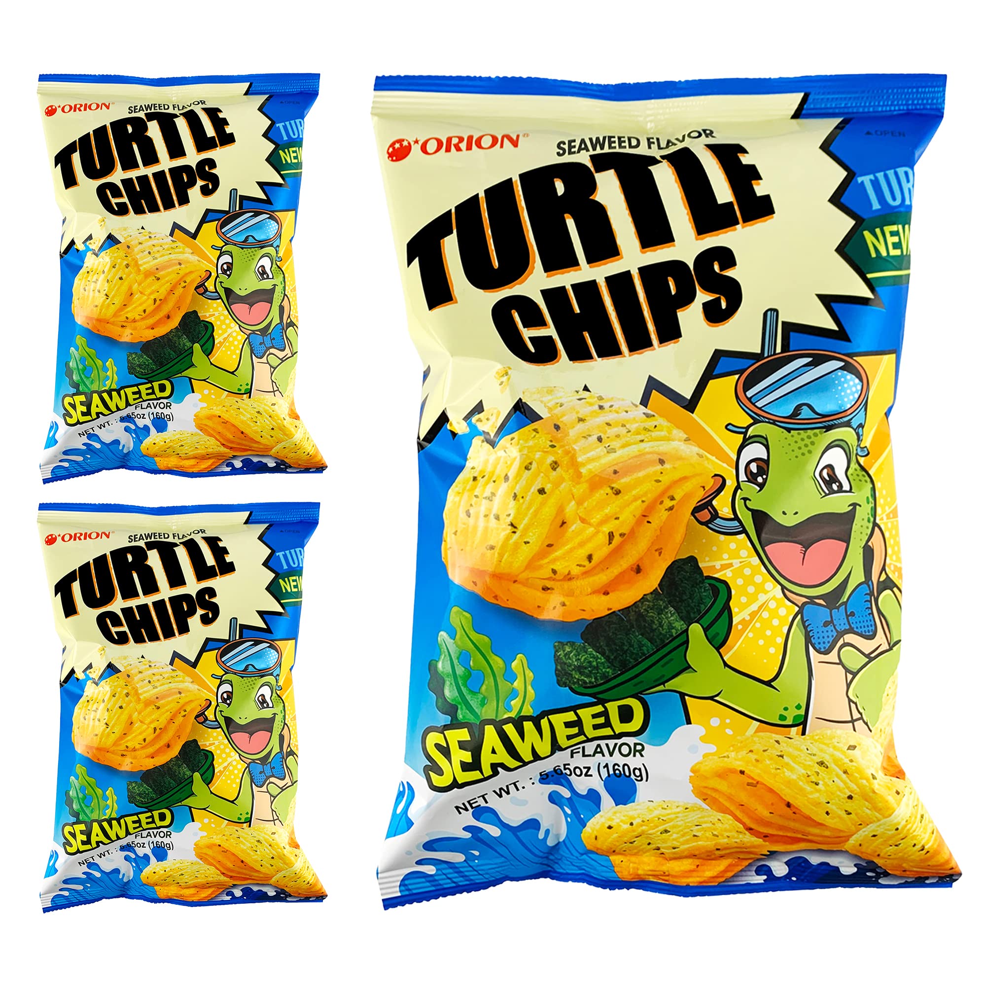 K-Munchies Orion Turtle Chips - 3 Pack (160g Each) Seaweed Flavor Korean Corn Snacks - Crispy, Puffy & Savory Bite-Sized Chips - Perfect for Family Snacking, Parties & On-The-Go Treats