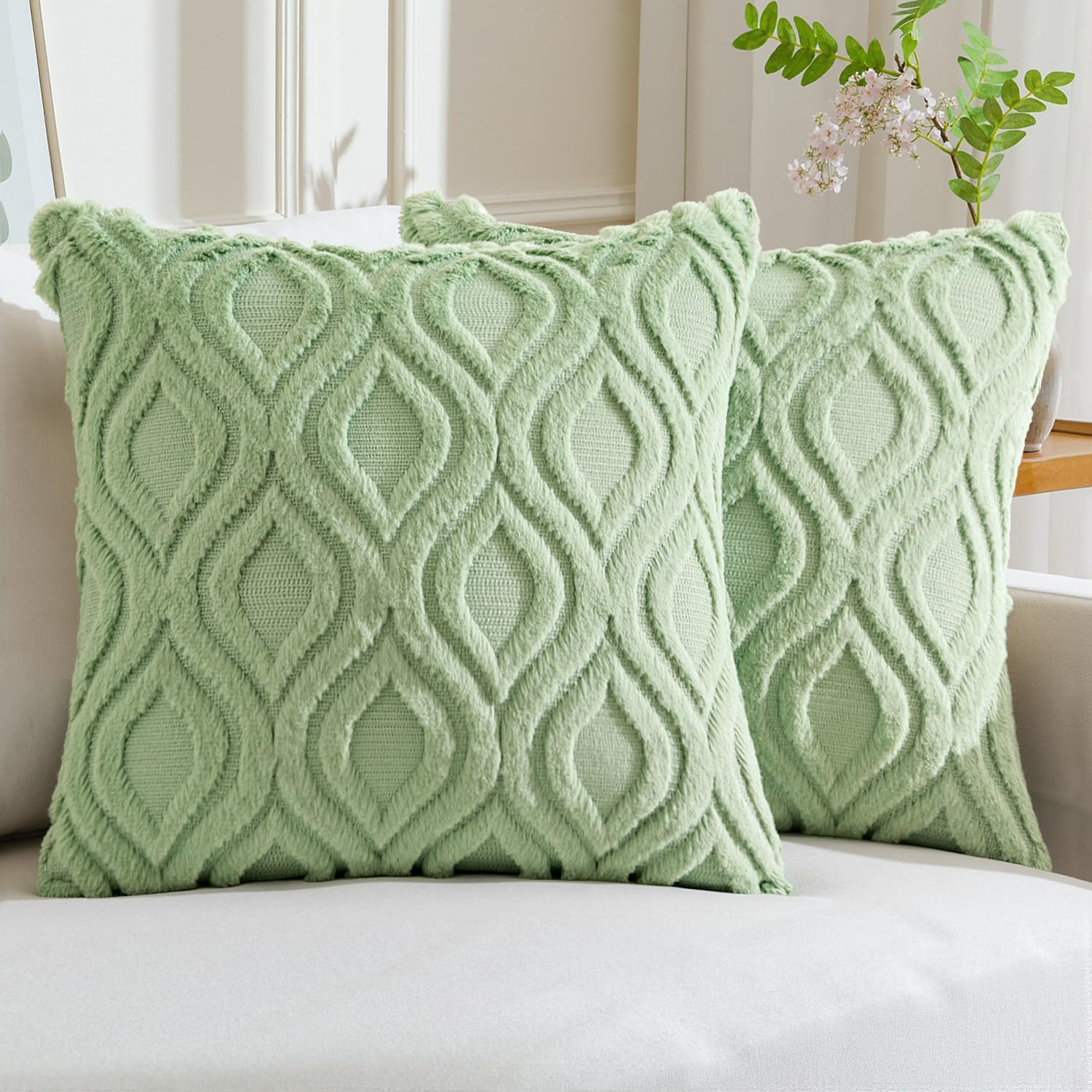 MIULEE Sage Green Throw Pillow Covers 18x18 Inch - Soft Plush Faux Wool Decorative Pillow Covers Set of 2 for Couch, Sofa, Living Room & Bedroom - Farmhouse Boho Home Decor for Cozy Comfort