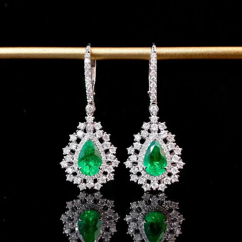 18K White Gold Emerald and Diamond Earrings for Women - Luxury Romantic Style Natural Gemstone Jewelry - Perfect for Senior Banquets, Weddings & Special Occasions