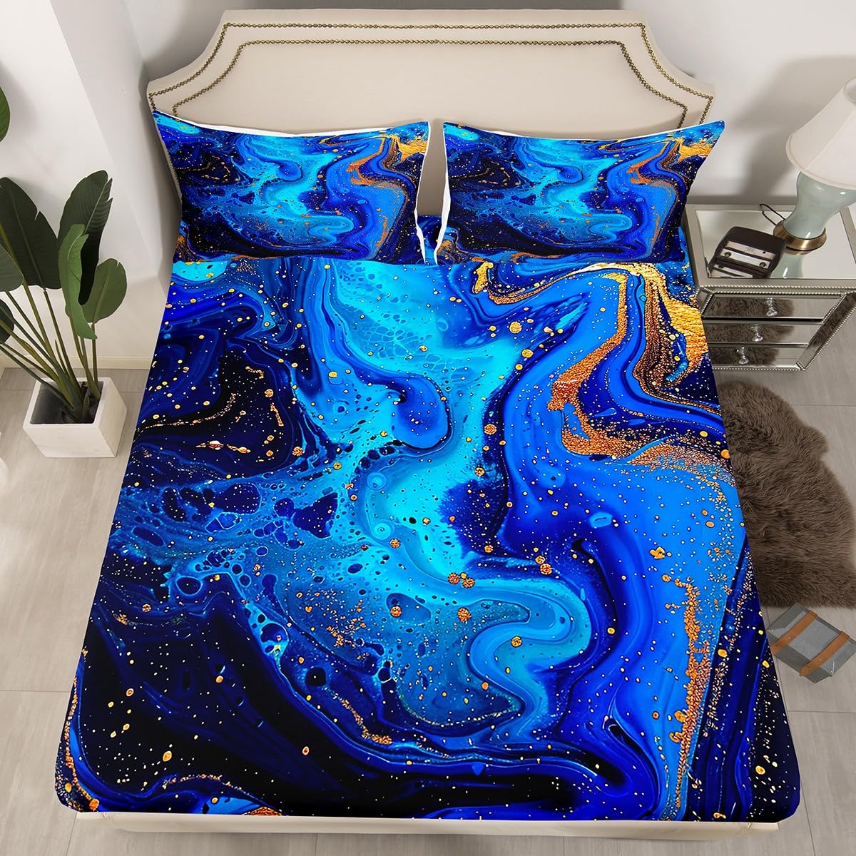 Erosebridal Marble Print Sheet Set - Trippy Grunge Fluid Golden Blue Tie Dye Swirl Gothic Abstract Art Design - Deep Pocket Fitted Sheet + Flat Sheet + Pillowcase - Twin Size - Perfect for Bohemian Bedroom Decor & Gothic Aesthetic Lovers