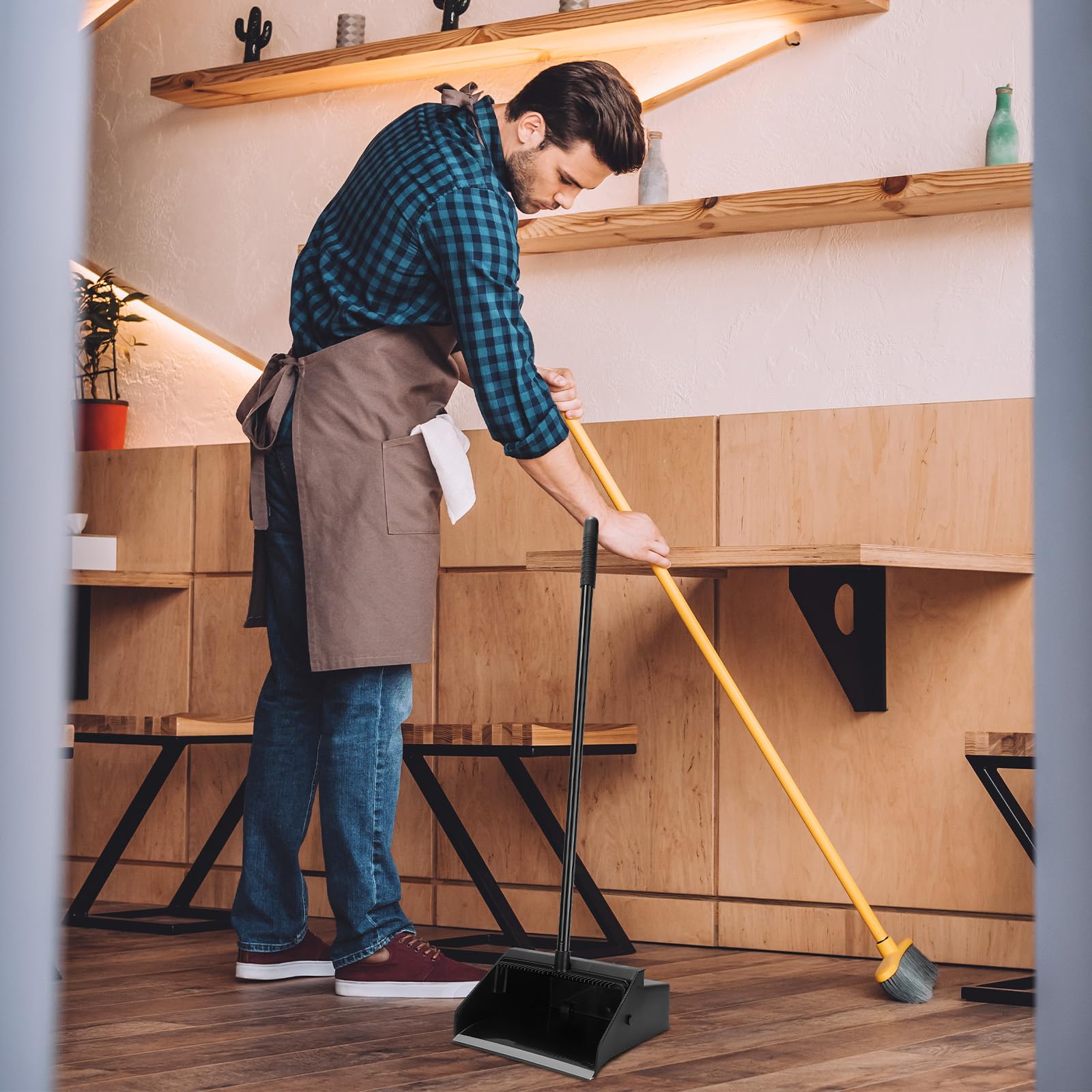 Leumoi 8-Piece Commercial Dust Pan Set - 36.6 Inch Long Handle Upright Dustpan with Serrated Edge for Wet & Dry Debris - Heavy Duty Plastic Dust Pan for Home, Office, Restaurant - Indoor & Outdoor Floor Cleaning (Black) - Perfect for Hardwood, Tile & Concrete Floors