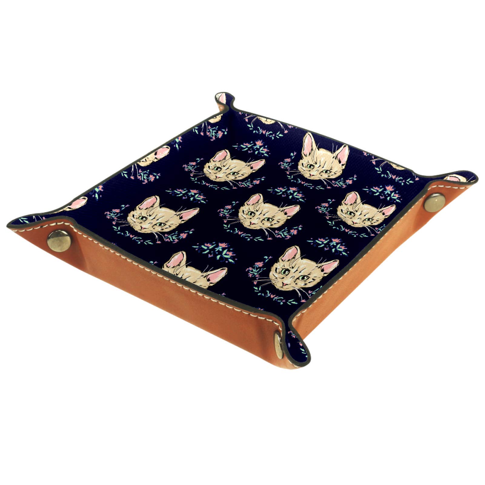 Floral Cat Leather Valet Tray - Storage Box for Keys, Phone, Coins - Home & Office Organizer