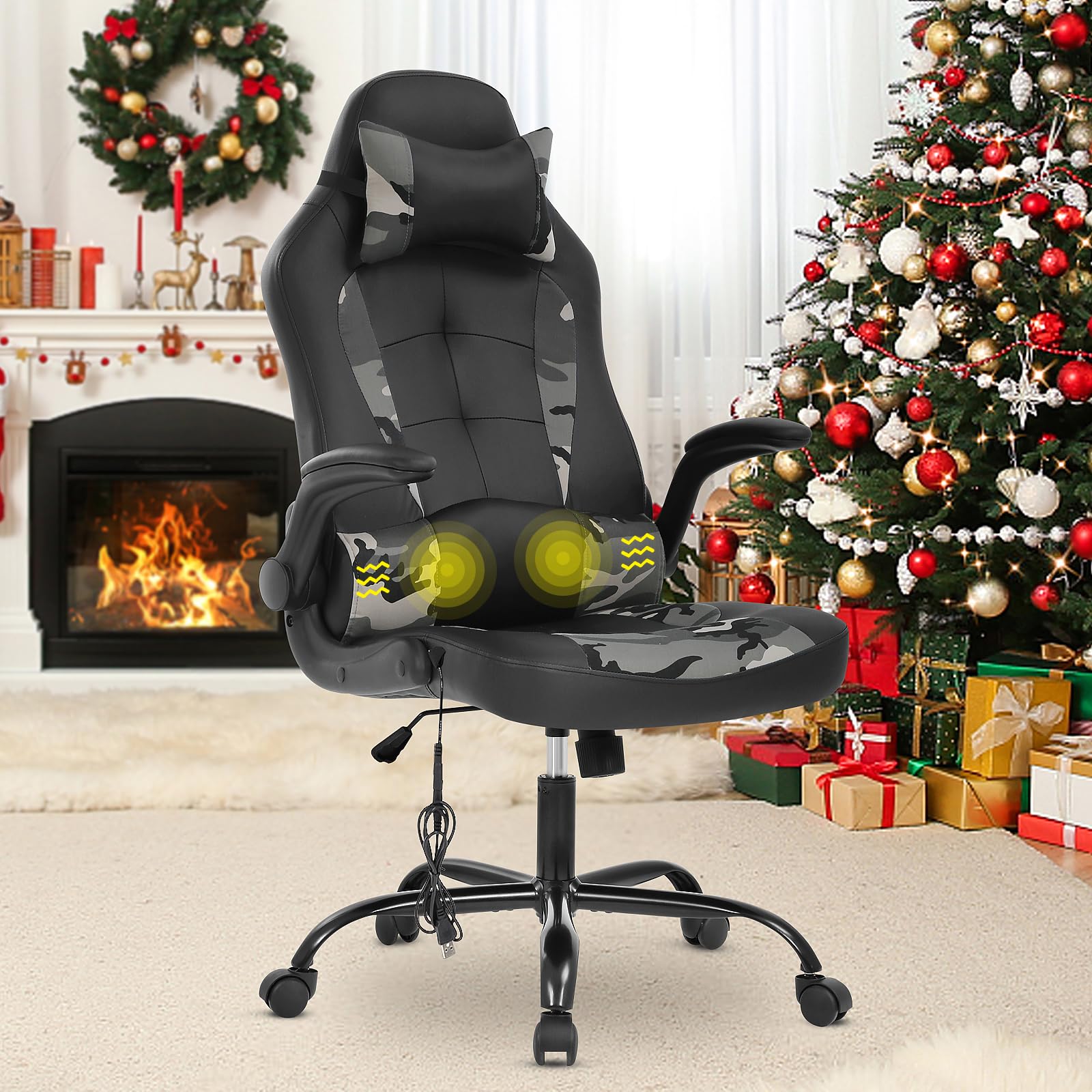 Ergonomic Gaming Chair with Lumbar Support & Headrest - Adjustable PU Leather Office Computer Chair for Video Game Enthusiasts - Perfect for Long Gaming Sessions, Home Office Work, and Streaming Setups (Camo Design)