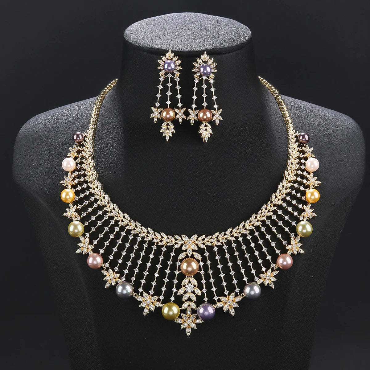 Luxury Cubic Zirconia Flower Pearl Necklace Set - Elegant Bridal Wedding Jewelry for Women | Perfect for Nigeria & Dubai Weddings, Parties & Special Occasions