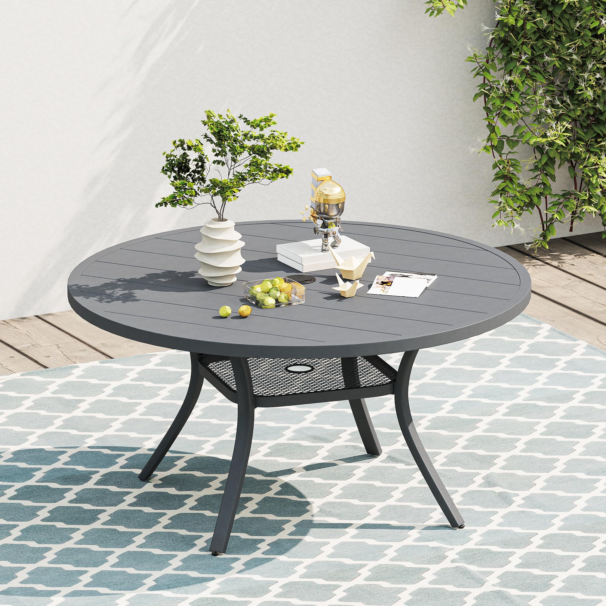 VICLLAX 47 Inch Round Outdoor Patio Dining Table with Adjustable Umbrella Hole - Metal Slatted Tabletop for Deck, Lawn, Garden & Backyard - Dark Grey - Perfect for Outdoor Entertaining, BBQs, and Family Gatherings