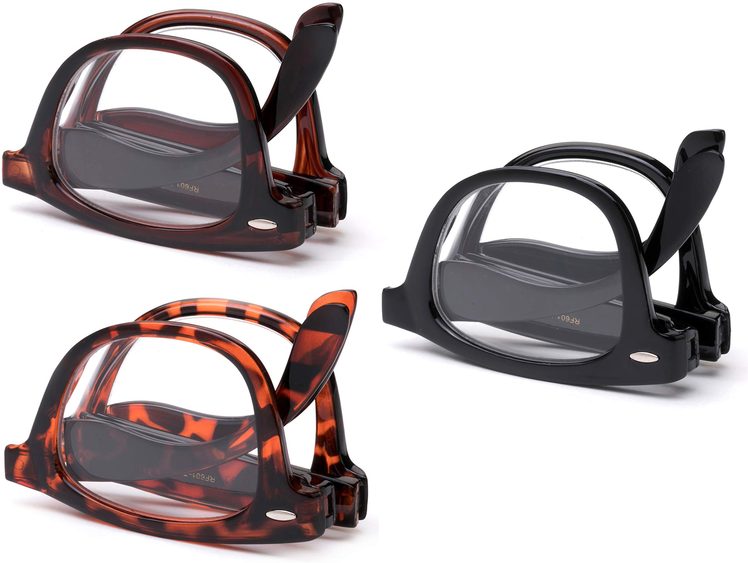 Newbee Fashion 3 Pack Folding Plastic Reading Glasses with Case - Unisex +2.50 Magnification for Men & Women - Lightweight Stylish Frames & Zippered Case - Perfect for Reading, Travel & Everyday Use