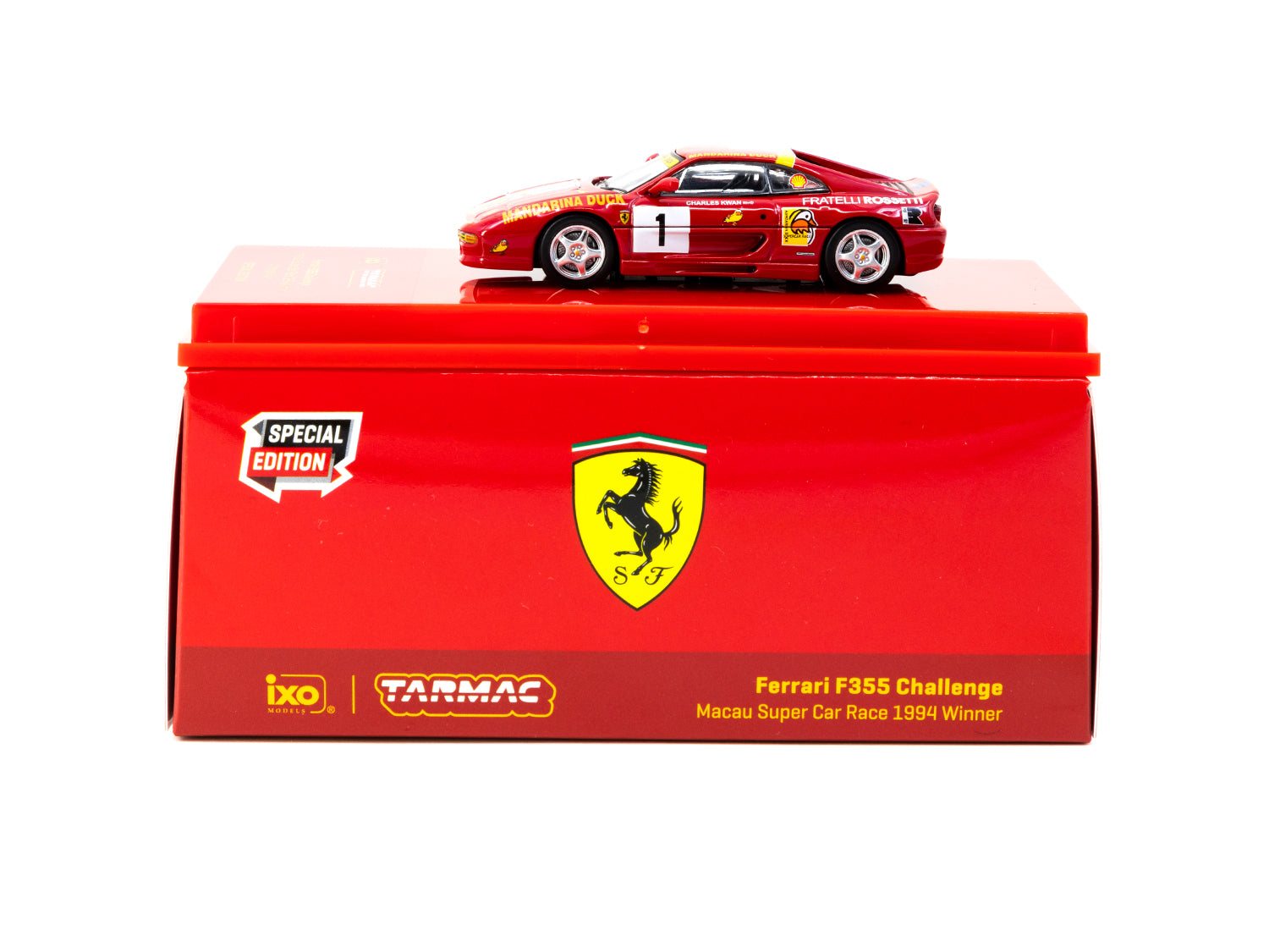 Tarmac Works 1/64 Scale Ferrari F355 Challenge Macau 1994 Winner #01 Charles Kwan Special Edition Diecast Model Car - Collectible Racing Toy for Display & Racing Enthusiasts