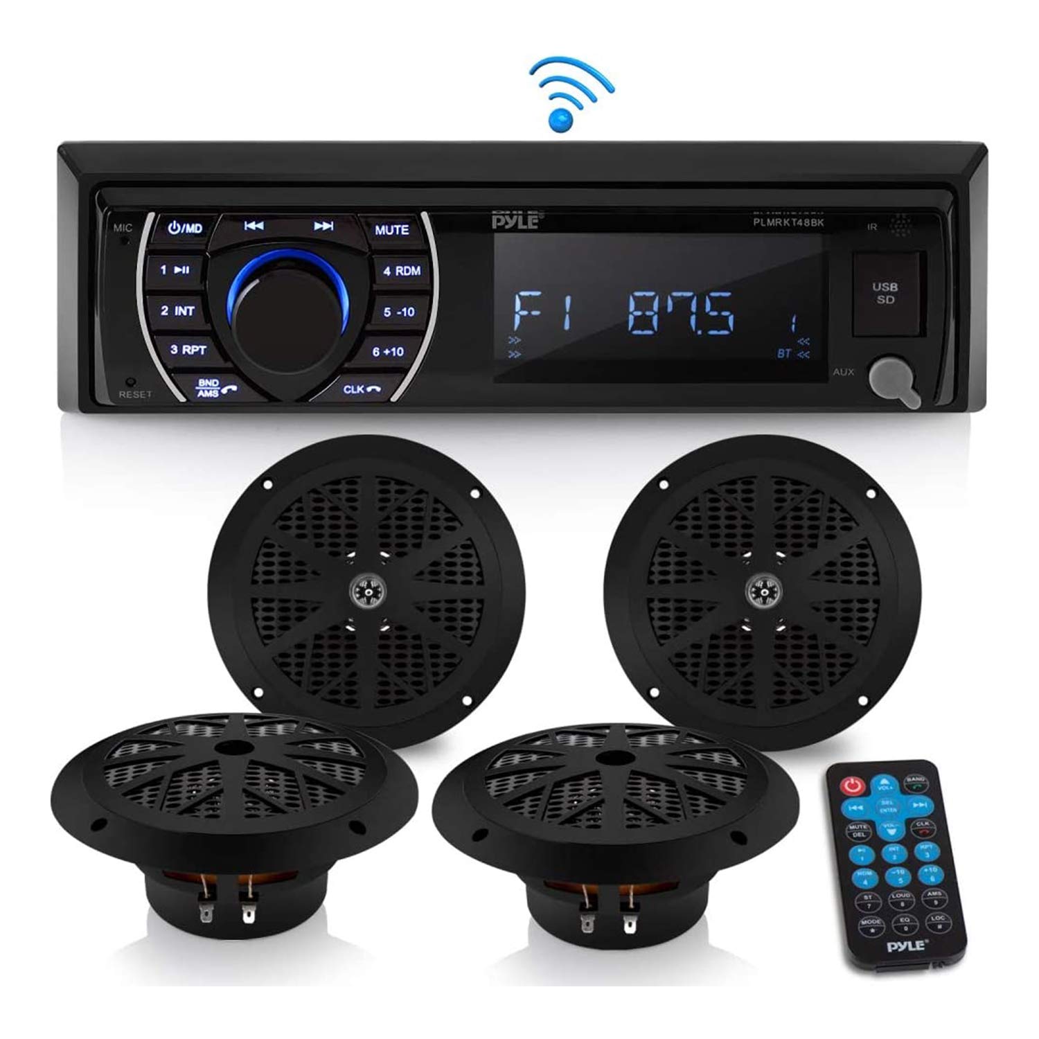 Pyle 6.5 Inch Waterproof Bluetooth Marine Stereo System with Speakers - Wireless Streaming, USB Port, AM/FM Radio, Hands-Free Calling & Remote Control (2 Pack, Black) - Perfect for Boats, Yachts & Outdoor Marine Entertainment