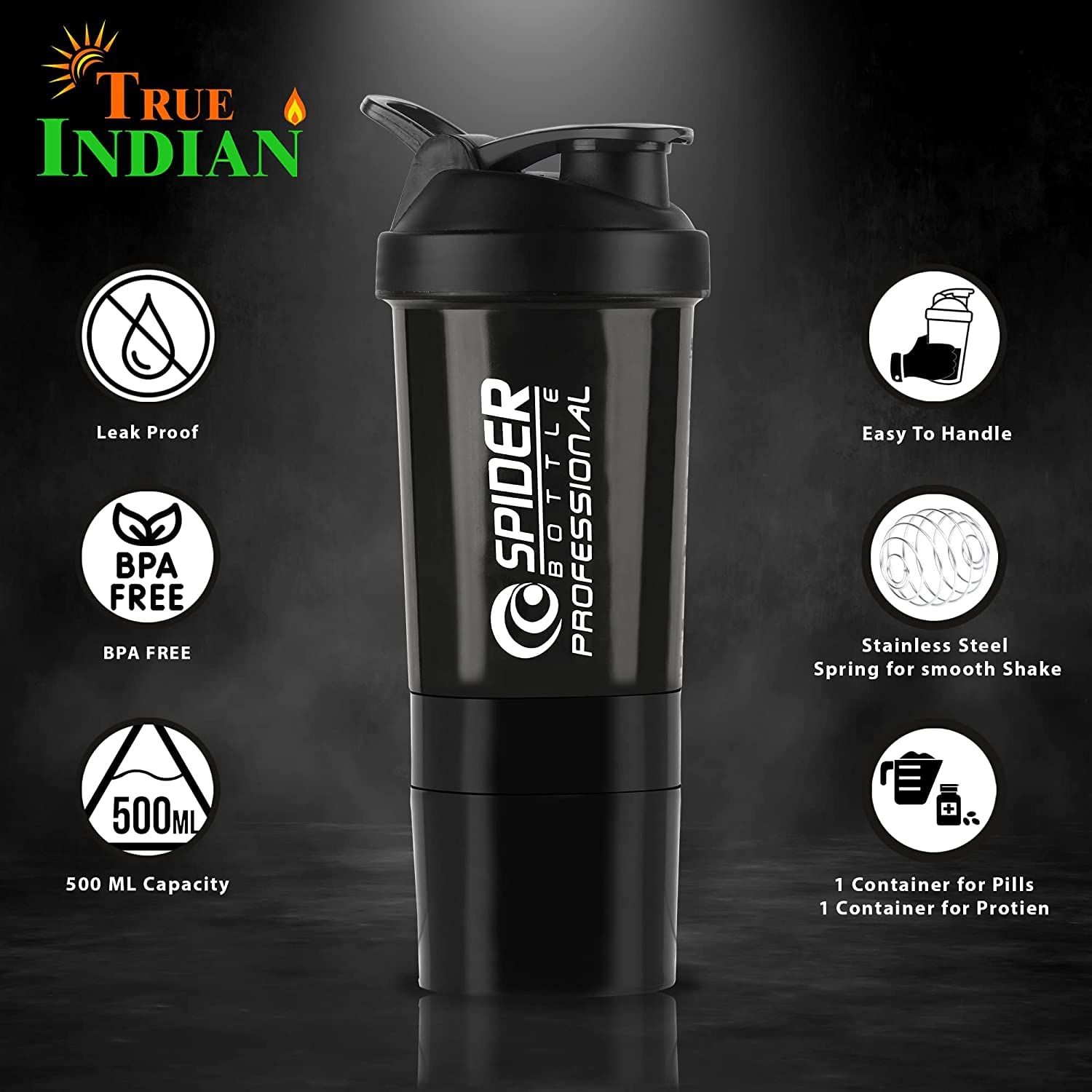 Premium 500ml Stainless Steel Protein Shaker Bottle with Blender Ball - Gym & Sports Water Bottle for Workout, Bodybuilding & Fitness - BPA Free, Leak Proof (Black, Set of 1) - Ideal for Post-Workout Protein Shakes & Hydration On-The-Go