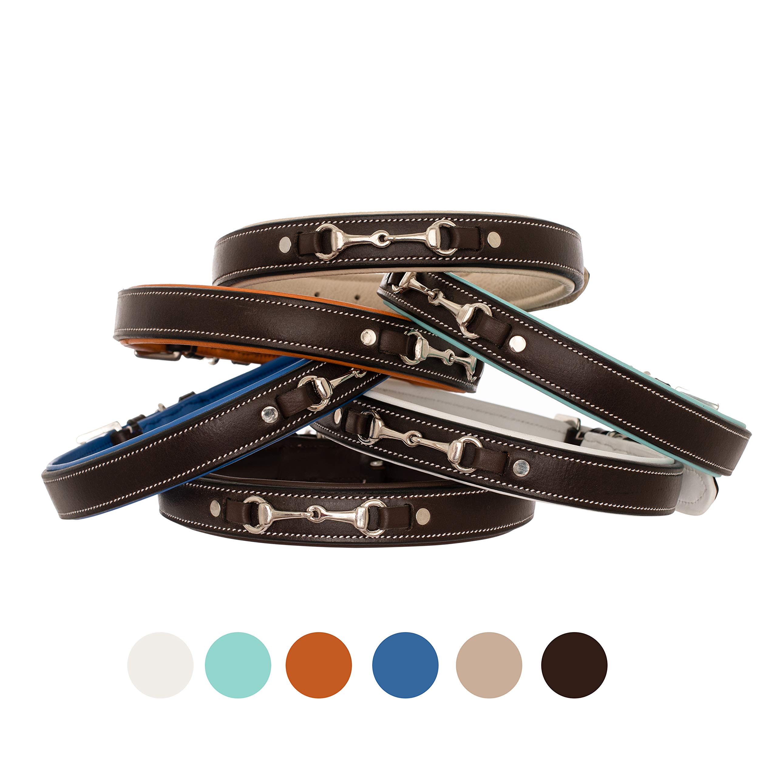 Exion Genuine Leather Dog Collar with Silver Snaffle - Soft Padded & Adjustable for Small, Medium, Large & X-Large Dogs - Perfect for Walking, Running & Outdoor Adventures - Havana Brown with Blue Padding - Durable & Comfortable Pet Accessory for Daily Use