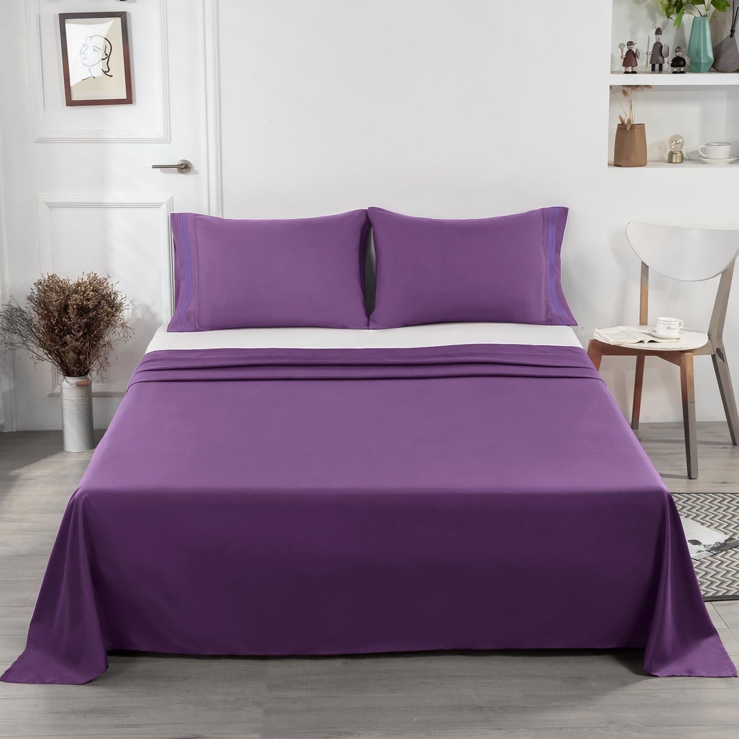 Lirex Queen Size Flat Sheet - Extra Soft Brushed Microfiber 1800 Thread Count - Wrinkle Free, Breathable & Machine Washable - Perfect for Bedroom, Guest Room & Dorm (Purple, Queen)