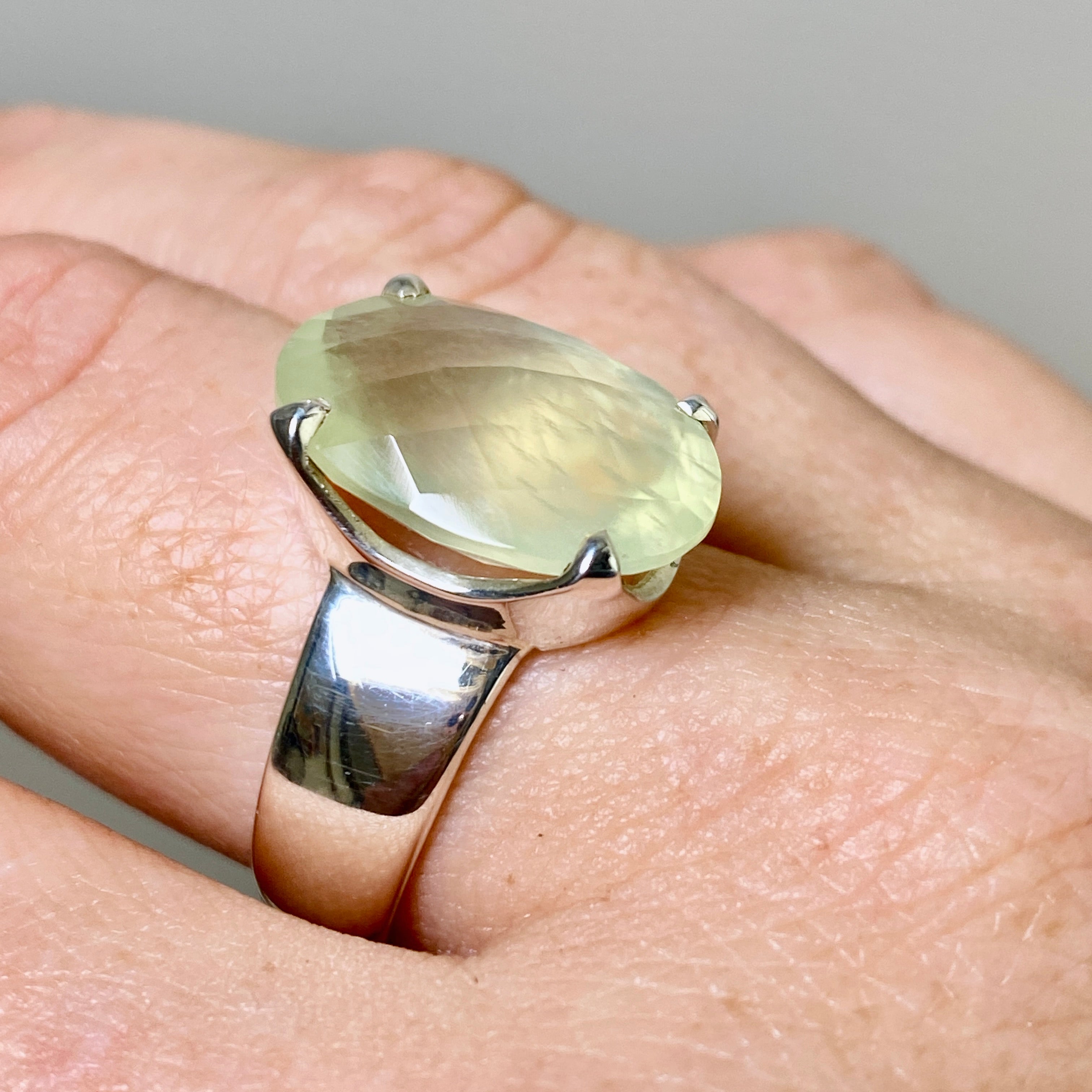 Prehnite Oval Checkerboard Faceted Ring Size 10 - Natural Gemstone Jewelry for Women, Elegant Statement Ring for Wedding, Party & Special Occasions