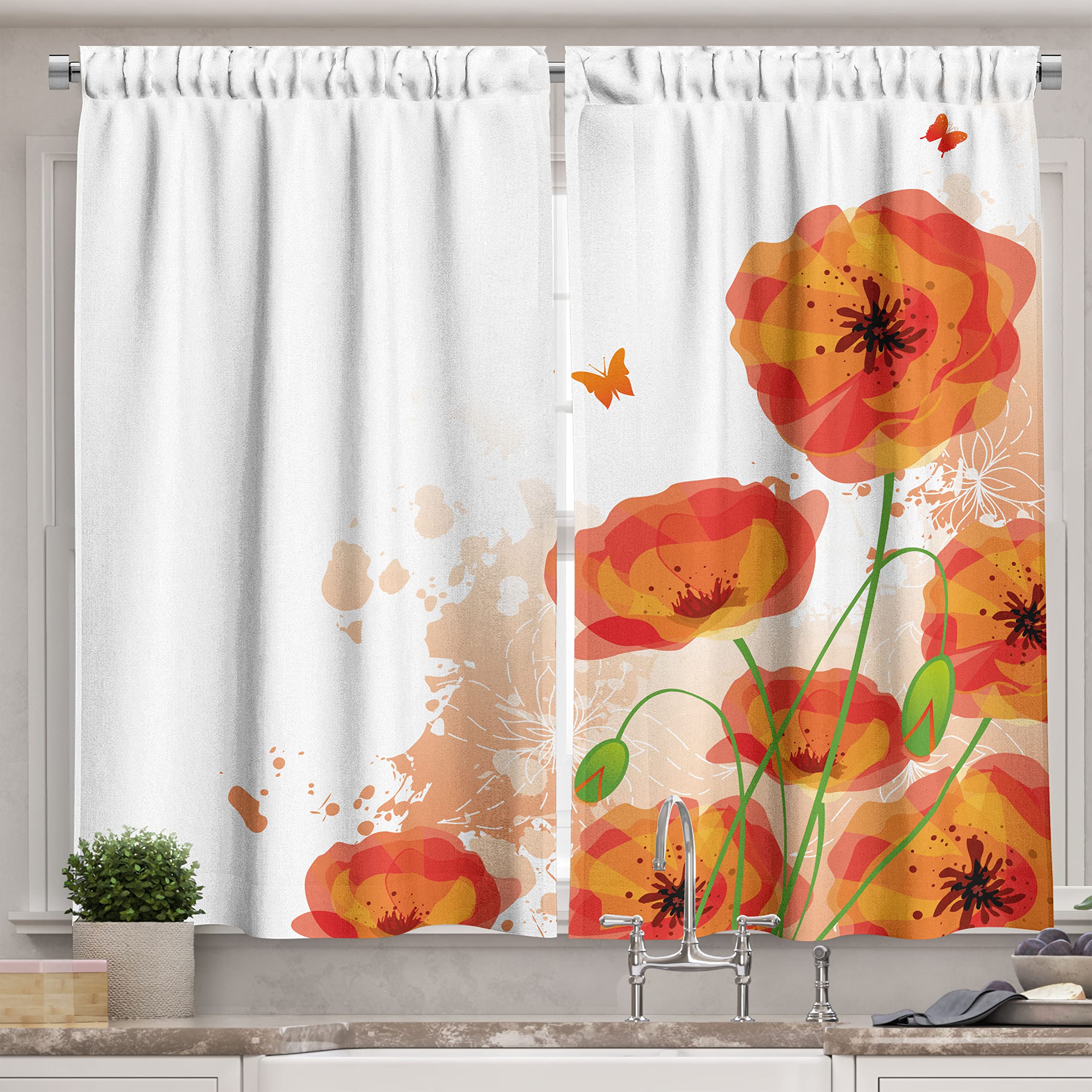 Lunarable Art Long Kitchen Curtains - Spring Poppy Flowers & Butterflies Print, 2 Panel Rod Pocket Drapes, 55x45 Inches, Vermilion Orange - Perfect for Farmhouse, Cottage & Vintage Style Kitchen Decor