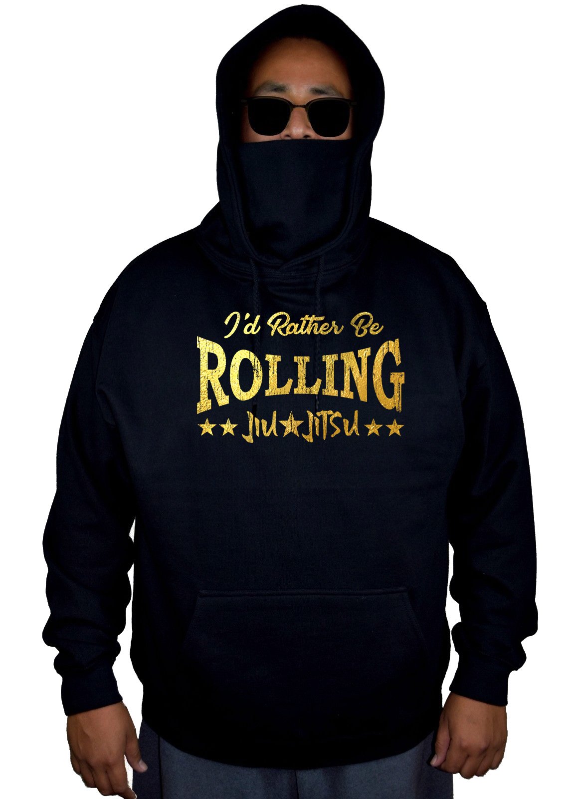 Men's Gold Foil 'I'd Rather Be Rolling' Jiu Jitsu Black Hoodie Sweater - Perfect for BJJ Training, Gym Workouts & Casual Streetwear