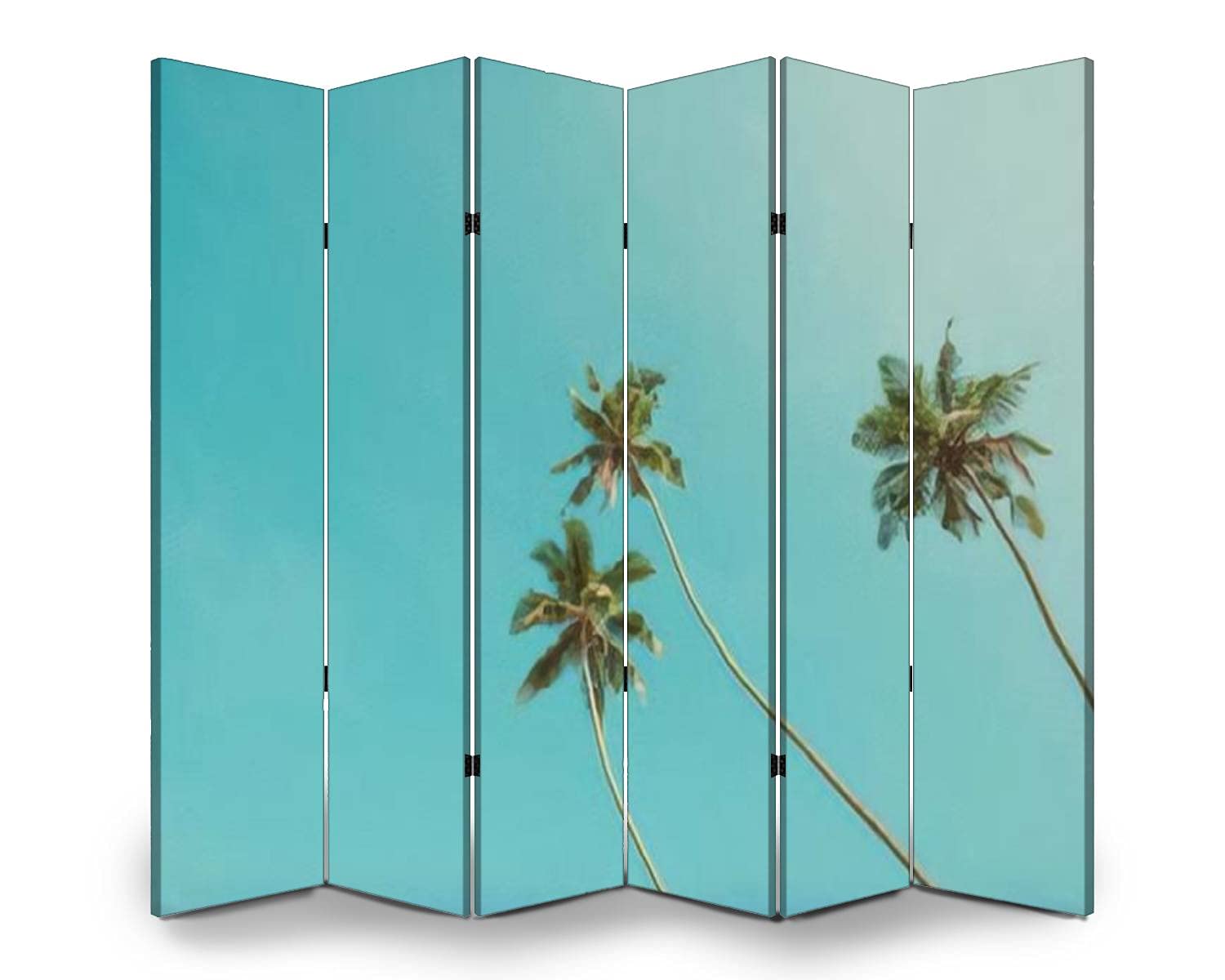 6 Panel Folding Room Divider - Tropical Palm Tree Design on Blue Sky Canvas - Vintage Style Freestanding Privacy Screen for Home & Office - Perfect for Bedroom Separation, Living Room Divider, and Indoor Space Partition